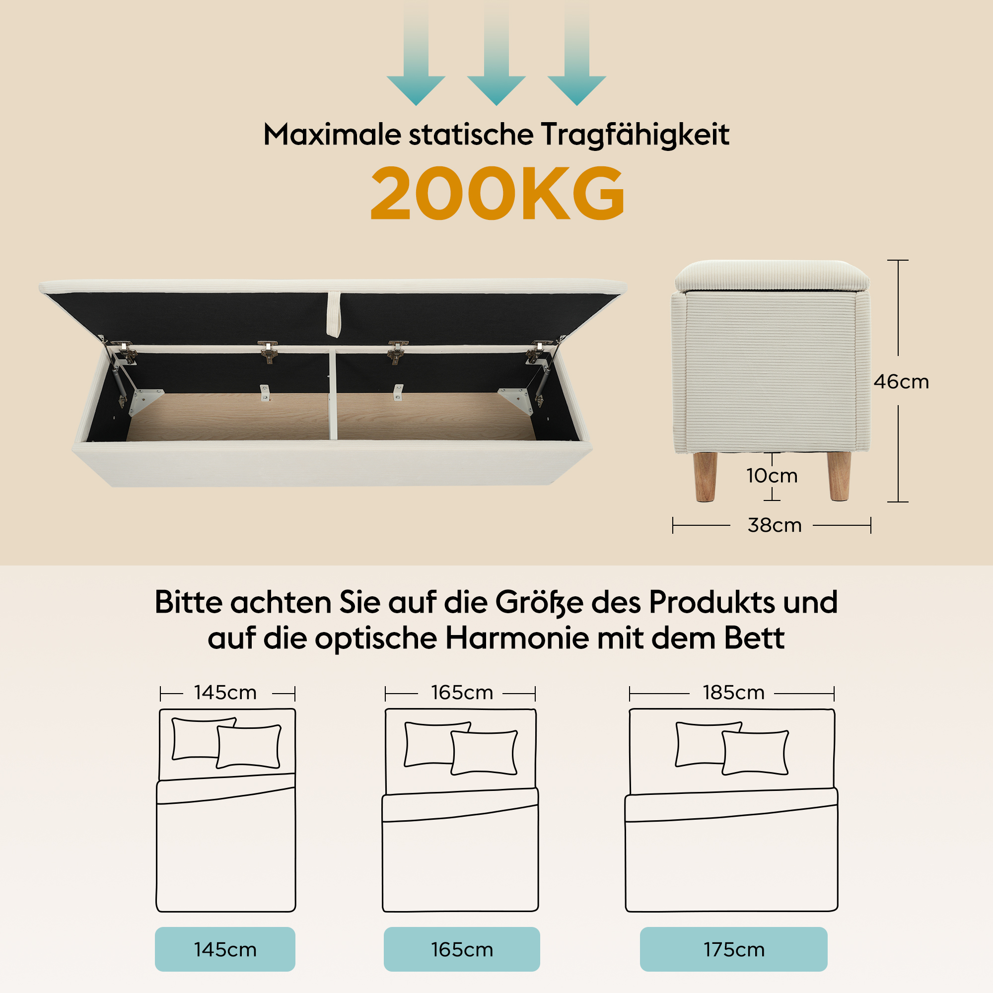 Banc coffre de rangement en velours côtelé, banquette de lit - 175 x 38 x 46 cm - pour chambre, salon et couloir - Beige - 6