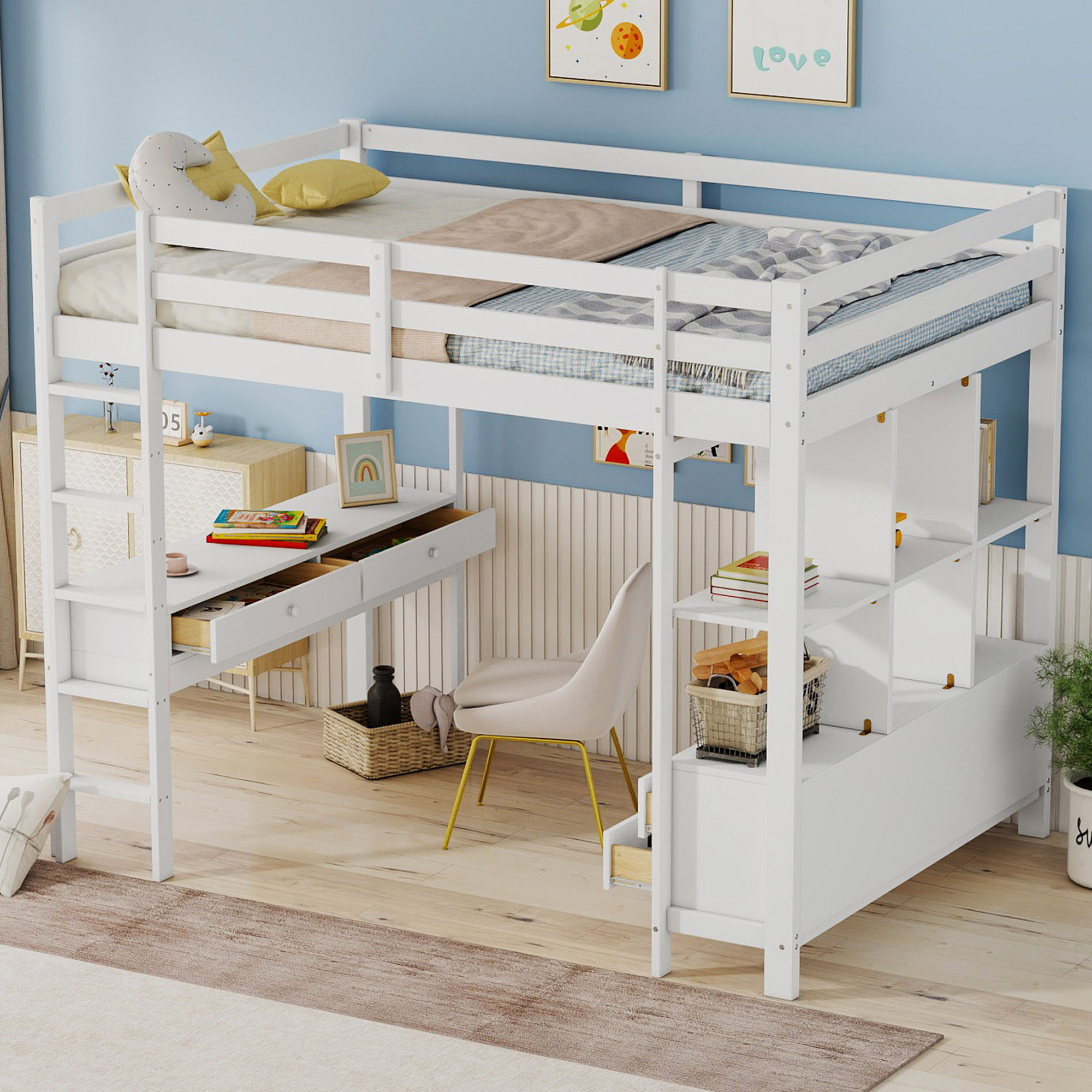 Letto a soppalco, letto a soppalco per bambini 140 x 200 cm con cassetti contenitore e scrivania sotto il letto, senza materasso, bianco - 2