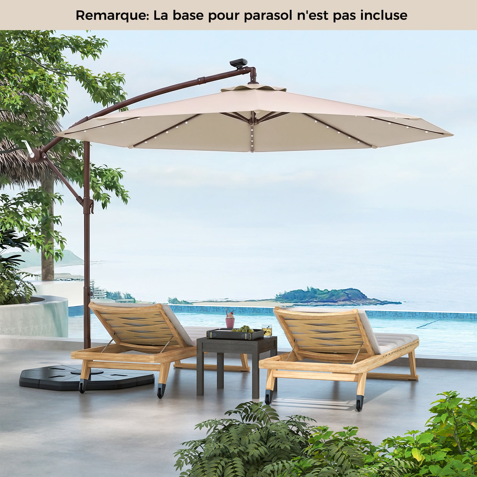 Parasol Déporté 3M Hexagonale, avec 40 LED Solaire, Inclinable, 8 Baleines en Métal, Base Croisée, Parasol à Manivelle, Beige - 9
