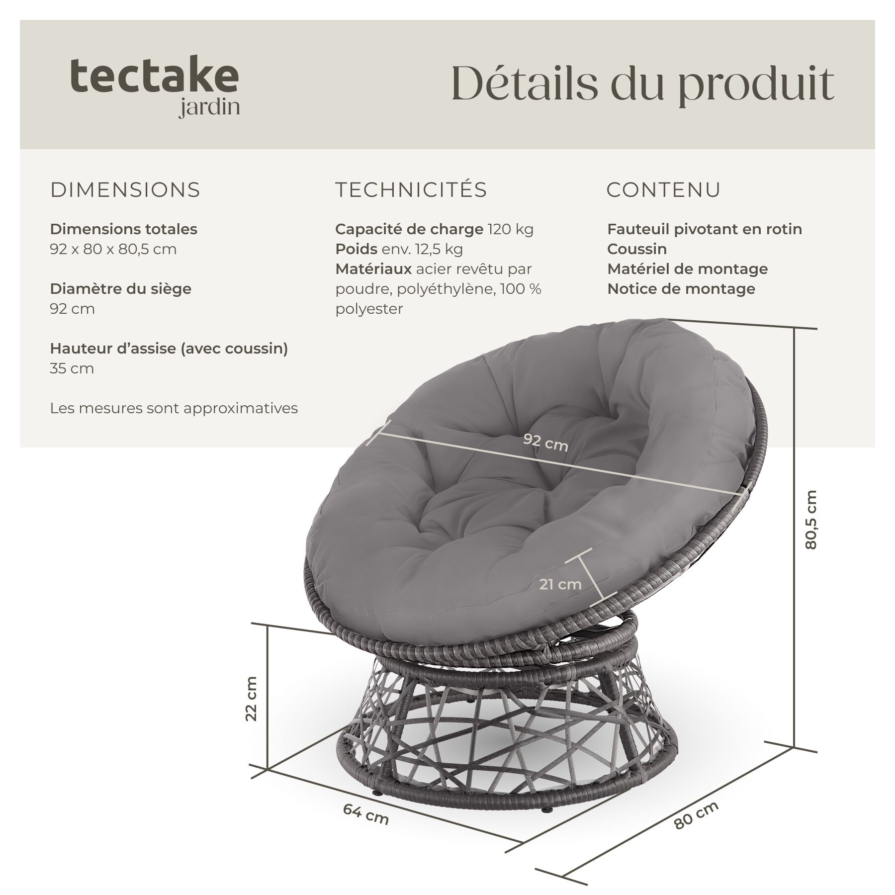 Fauteuil papasan rotin en résine tressée et acier rotatif avec coussin rond et confortable TECTAKE - 6