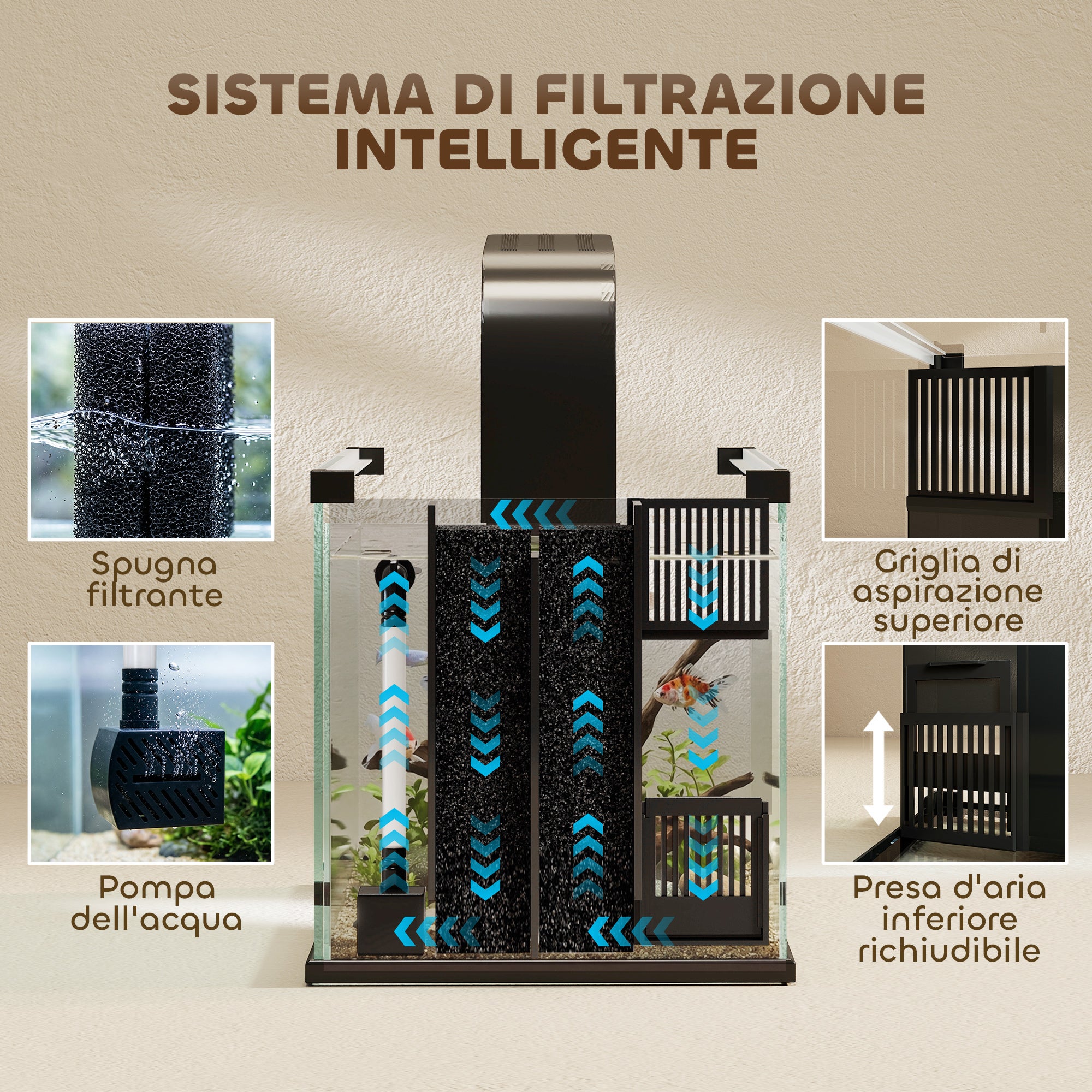 Acuario de vidrio templado de 24 litros con filtro, luz LED y bomba de agua. - 7