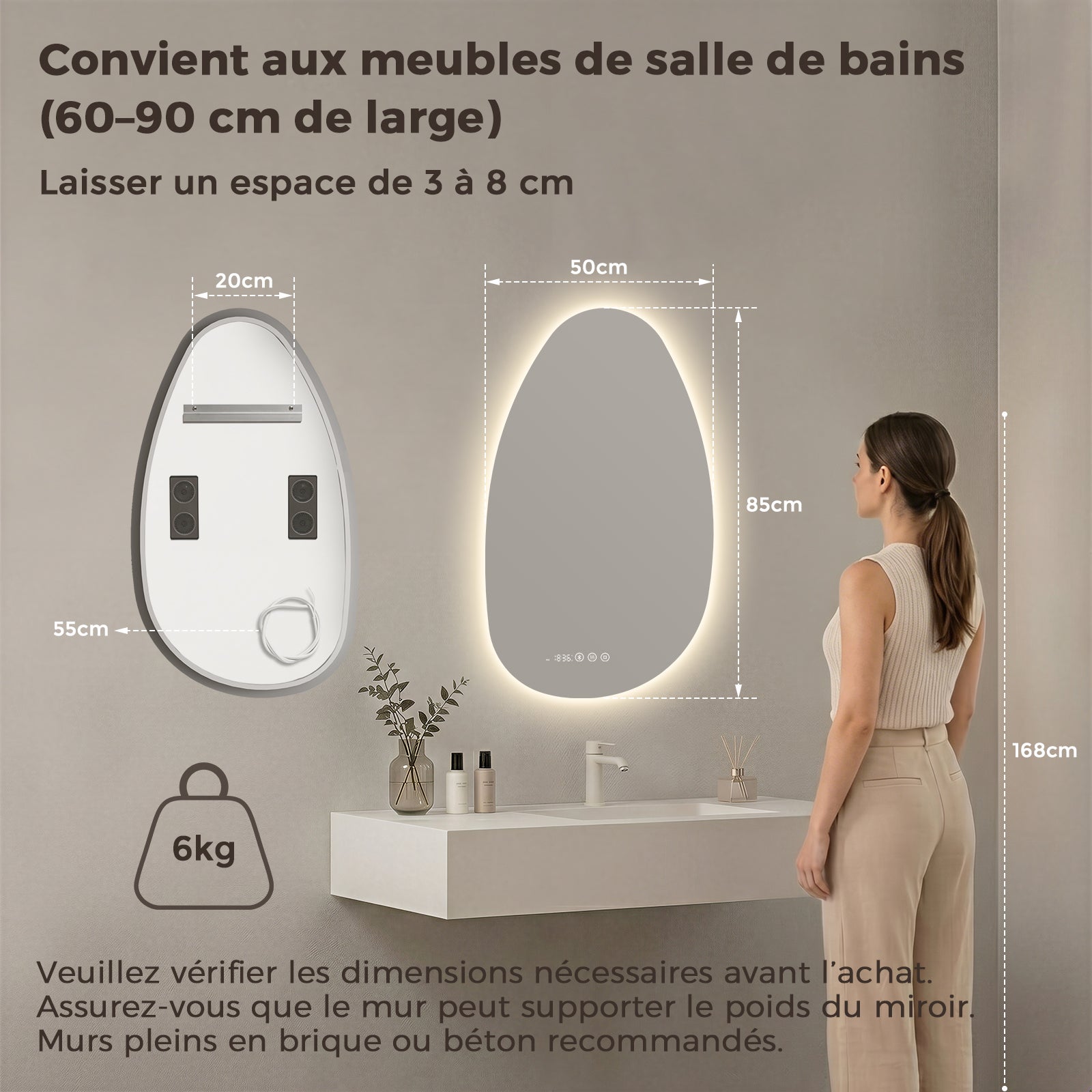 S'AFIELINA Miroir de Salle de Bain avec Éclairage Asymétrique 85 x 50 cm, 3 Couleurs de Lumière Réglables, Antibuée, Bluetooth, Horloge, Température - 7