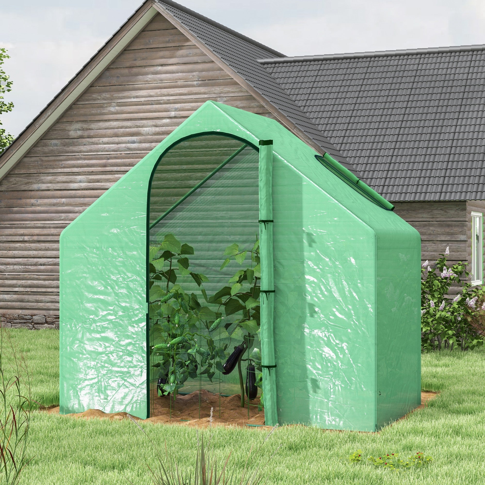 Serre portable 180 x 99 x 168 cm avec porte zippée et fenêtre sur le dessus, idéale pour l'extérieur (jardin, terrasse), couverture en PE, verte. - 2