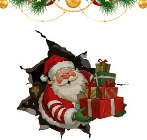 Adesivo Muro Natale 3D - Babbo Natale Che Rompe Il Muro, 35x40 Cm, Decorazione Staccabile Per Soggiorno E Camera
