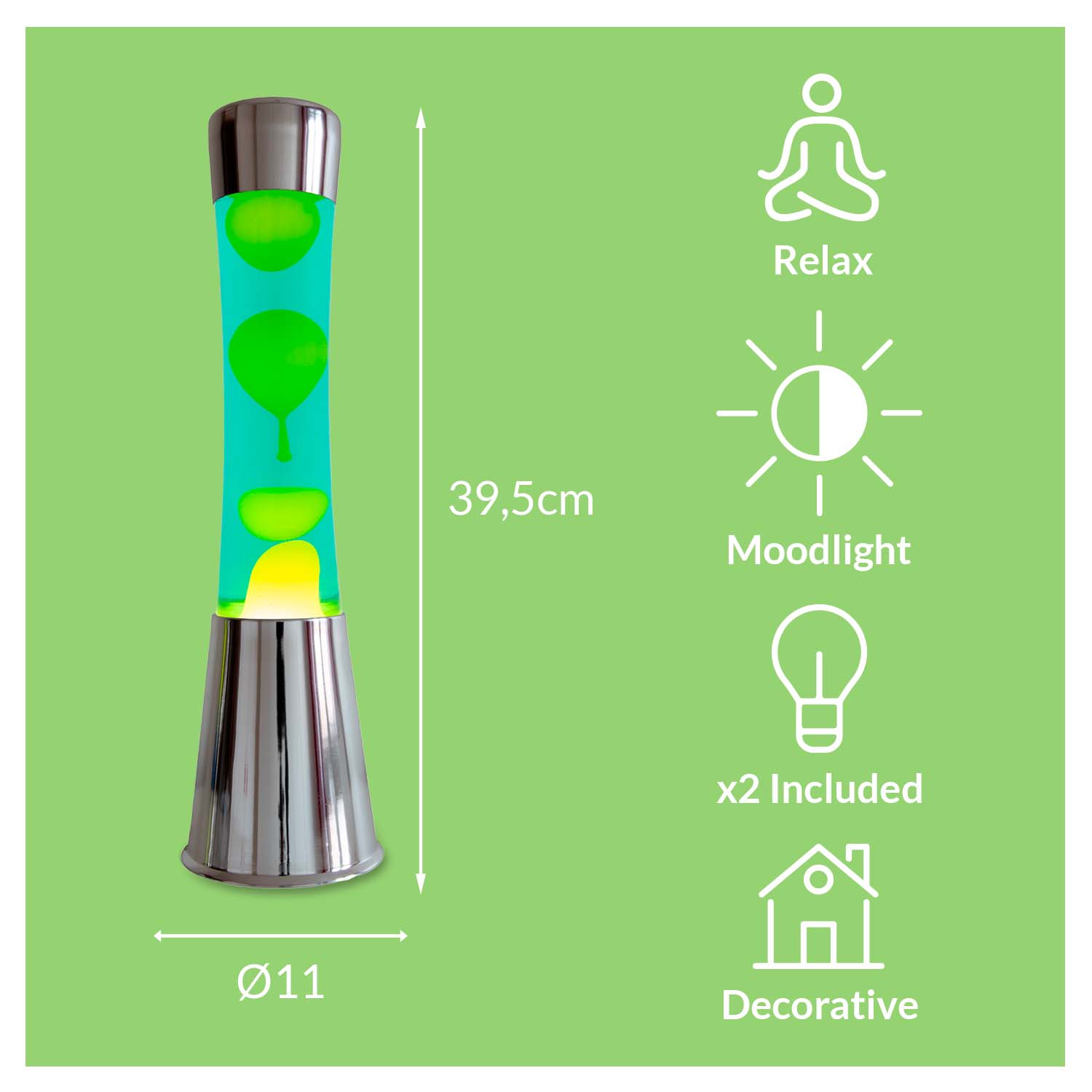 Fisura - Lampe à lave verte et jaune. Base chromée argentée, liquide vert et lave jaune. Avec ampoule de rechange. 11 cm x 11cm x 39,5 cm. - 4