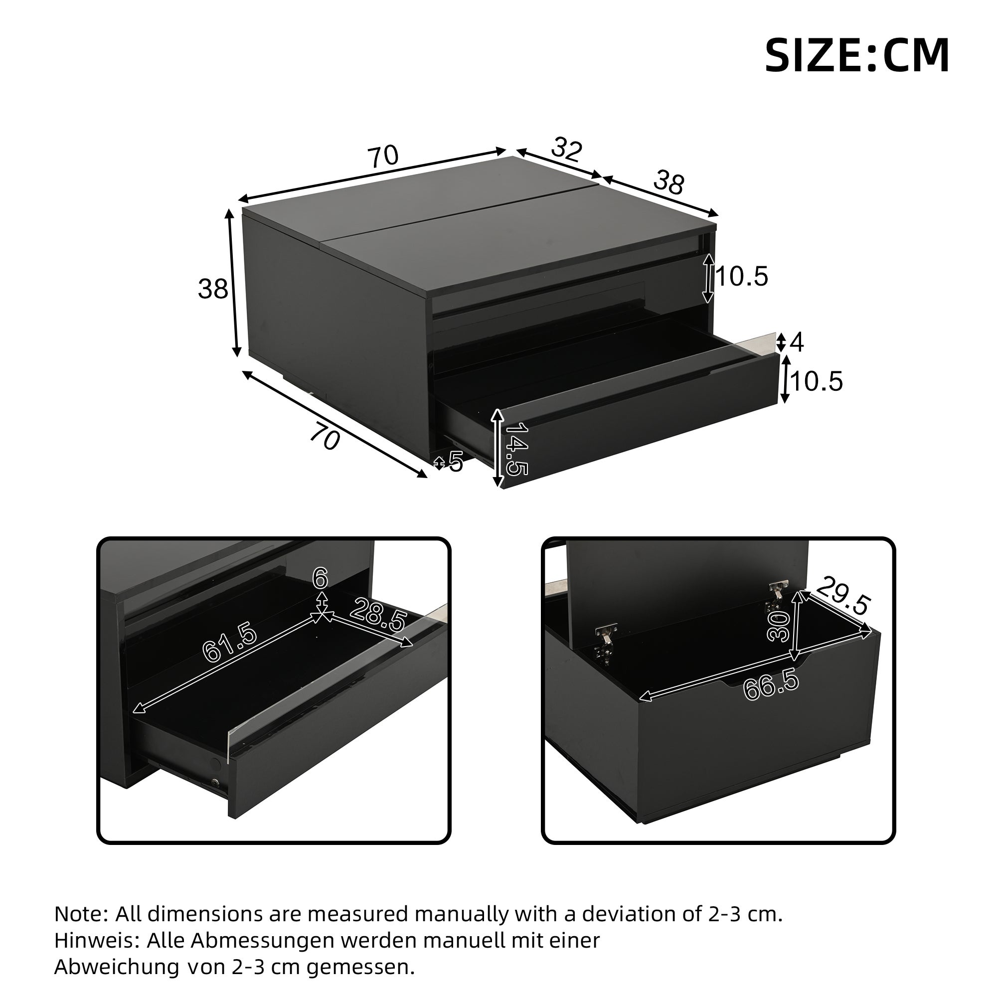 Table basse carrée avec plateau relevable et 1 tiroir - 70 x 70 x 38 cm - LEDs - Panneau de particules - Noir brillant - 7