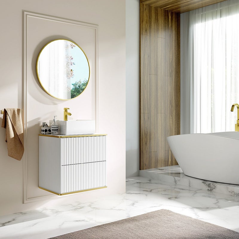 Podwieszana szafka łazienkowa prążkowana ze złotym paskiem z kwadratową umywalką nablatową - Biała - L60 cm - KELIZA