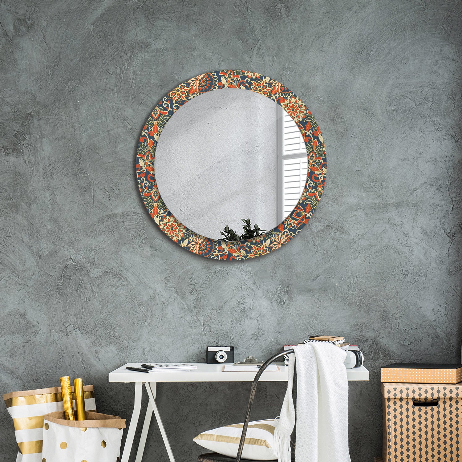 Miroir rond contemporain avec cadre en verre imprimé Fleurs rétro - 70 cm - ArtPrintCave - 6