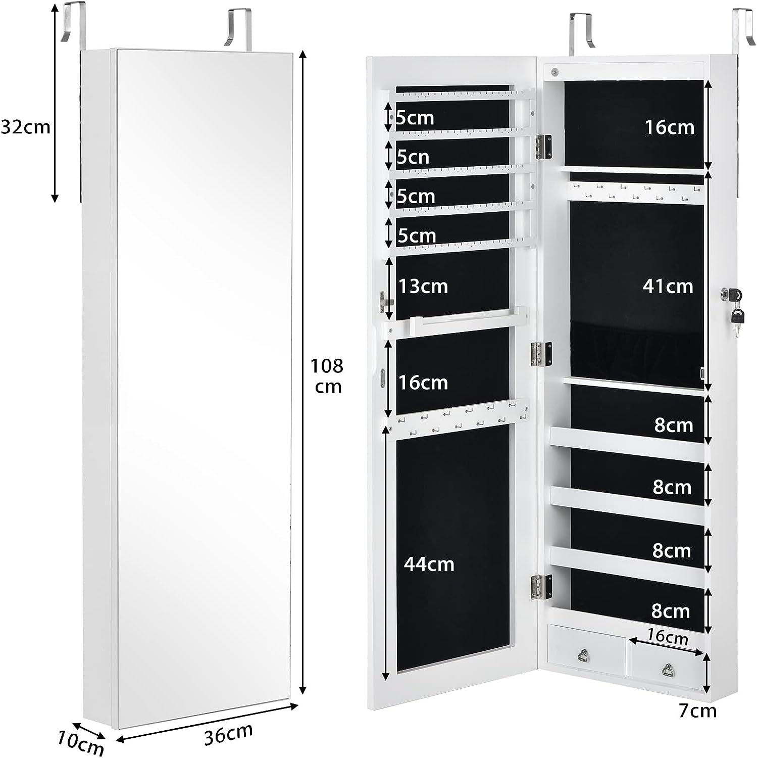 Armoire à Bijoux à Fixation Murale/Porte 6 LED et 2 Tiroirs - 5