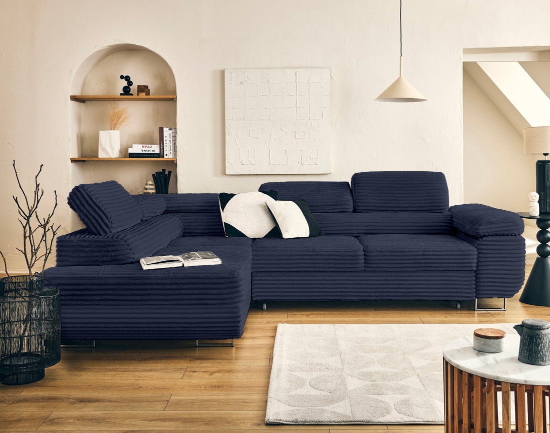 Canapé D'angle Gauche Convertible 5 Places En Velours Côtelé Bleu Nuit