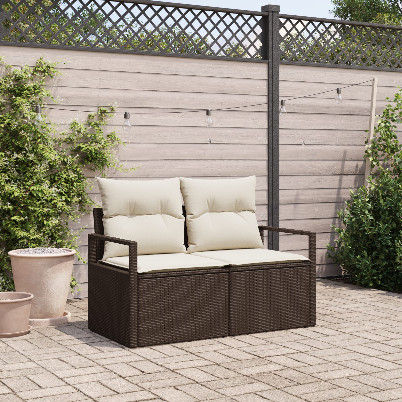 Sofá De Jardín De Ratán Natural Para 2 Personas - Incluye Cojines Y Almohadas | Ideal Para Terraza O Jardín | Estilo Rústico Y Cómodo