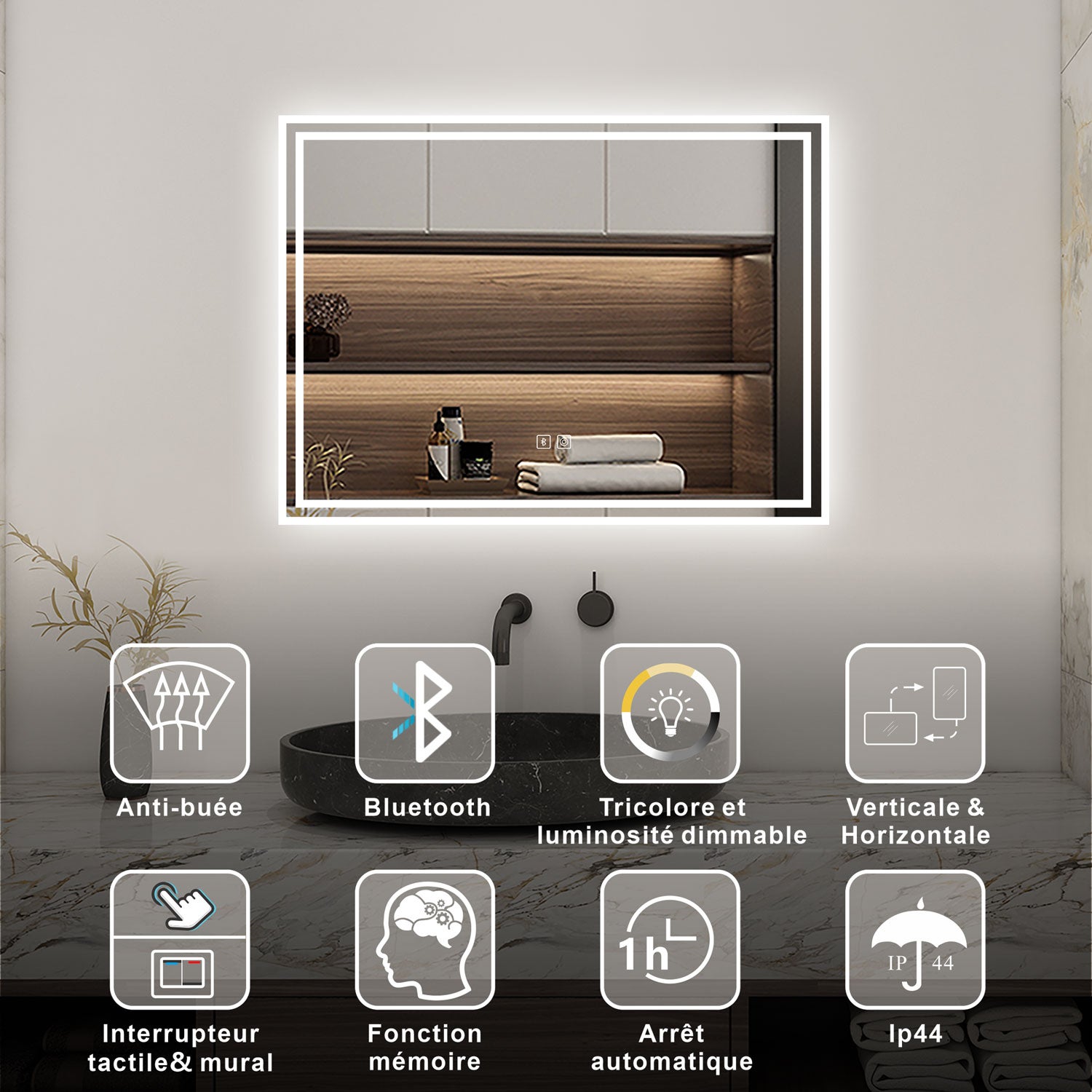 AICA Miroir lumineux 80 x 60cm, bluetooth + 3 couleurs + dimmable + anti-buée + mémoire, miroir salle de bain led - 2