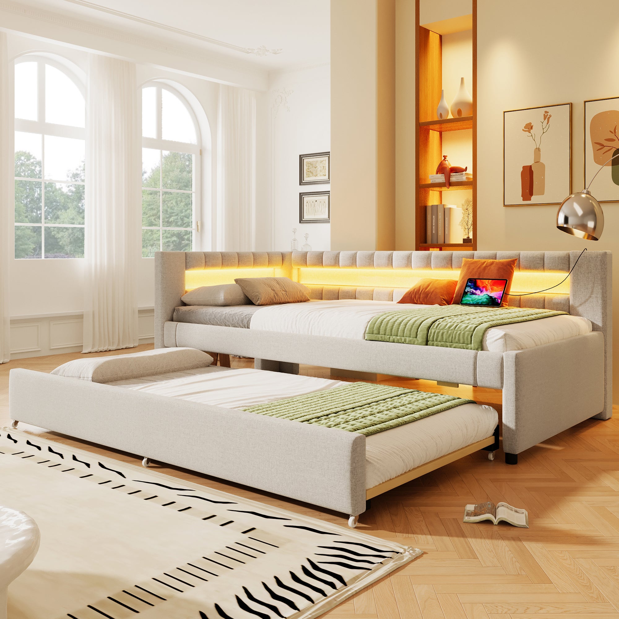 Łóżko wysuwane 90 x 200 cm + 190 x 90 cm z zagłówkiem w kształcie litery L - Tkanina lniana - Diody LED + porty USB i typu C - Beżowe