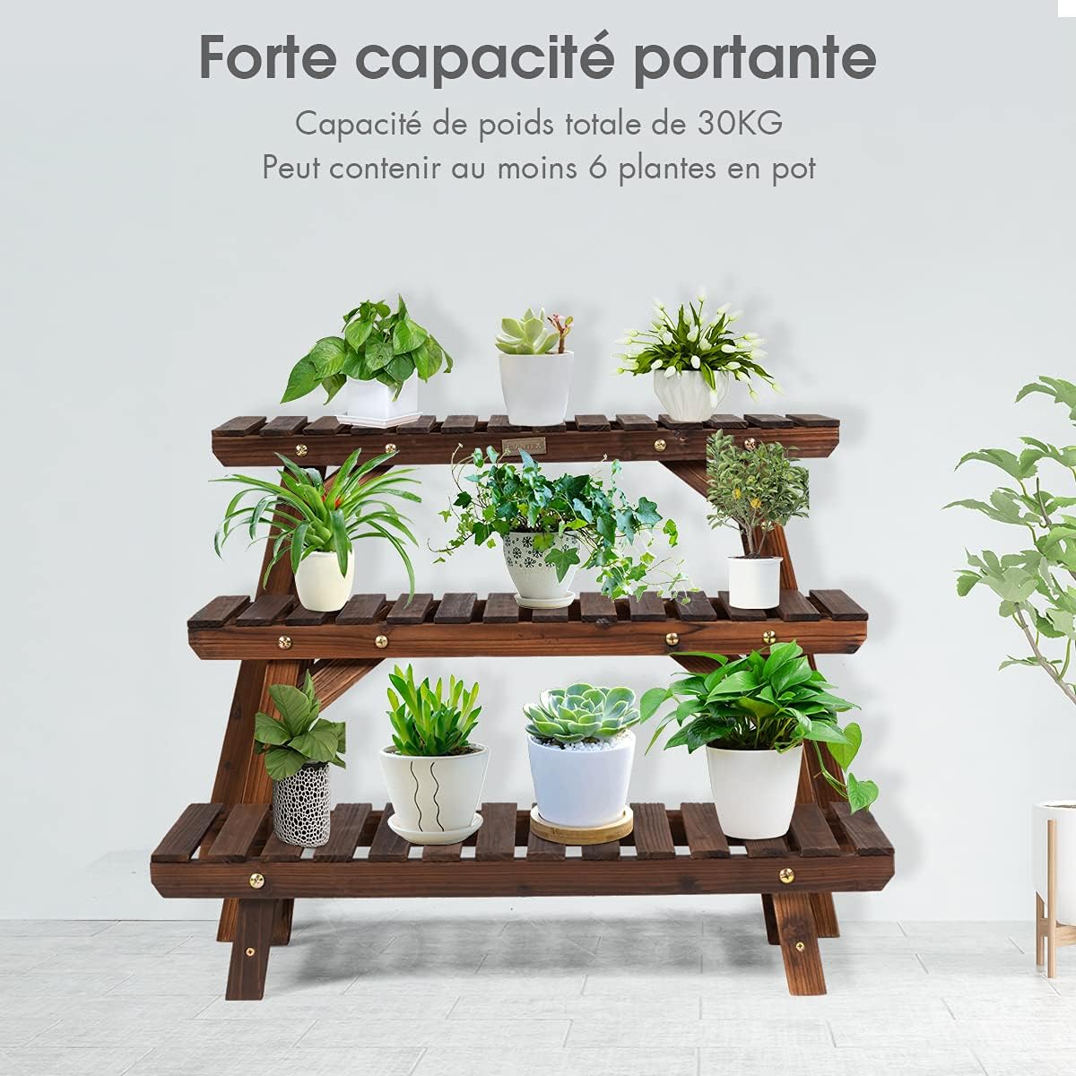 Étagère pour plantes en bois 3 niveaux echelle escalier porte-plante longueur 70cm charge 10kg - 7