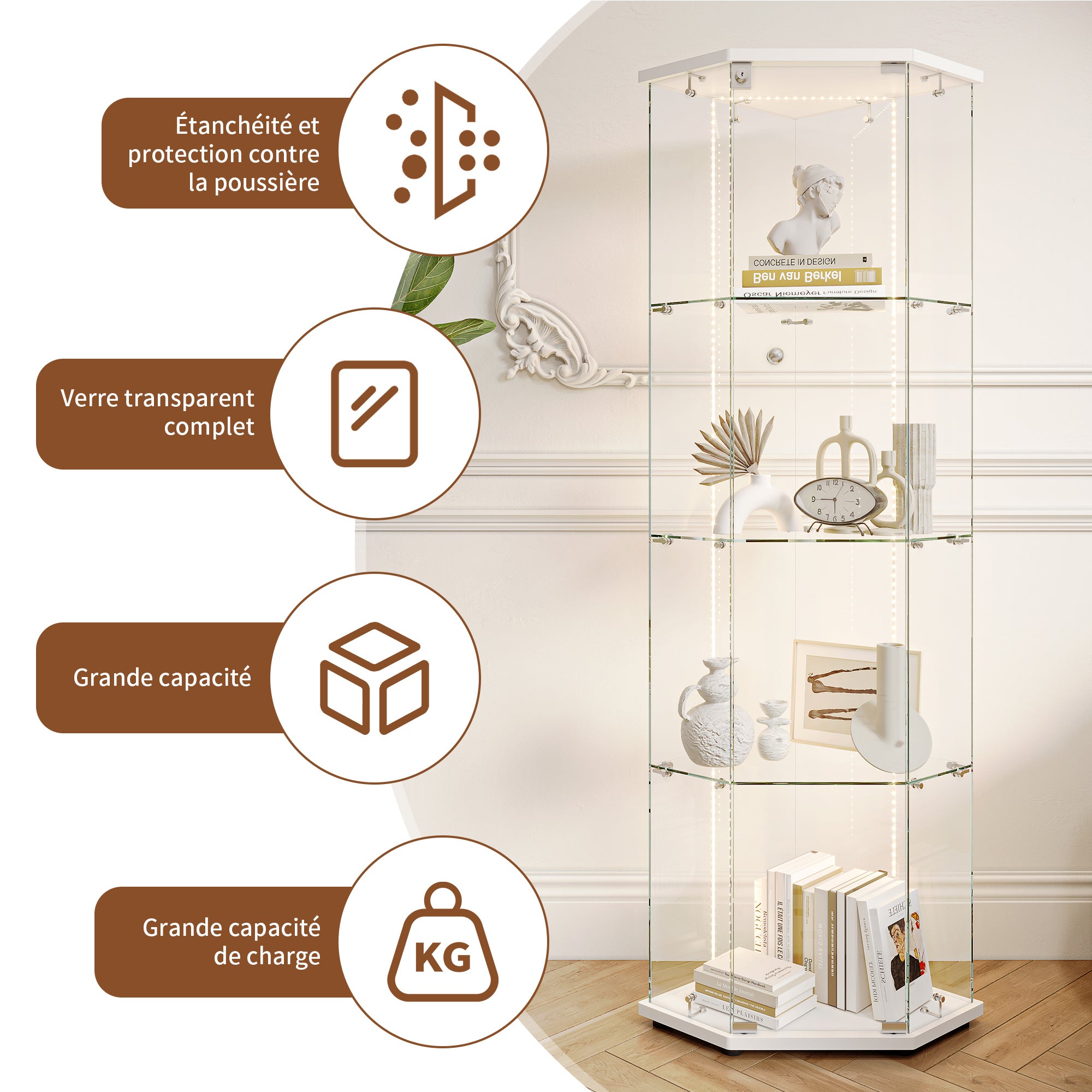 Vitrine pour collection, Vitrine en Verre, Transparent LED Vitrine en verre 4 Couches avec 1 Porte, pour salon et chambre à coucher,cinq angles - 7