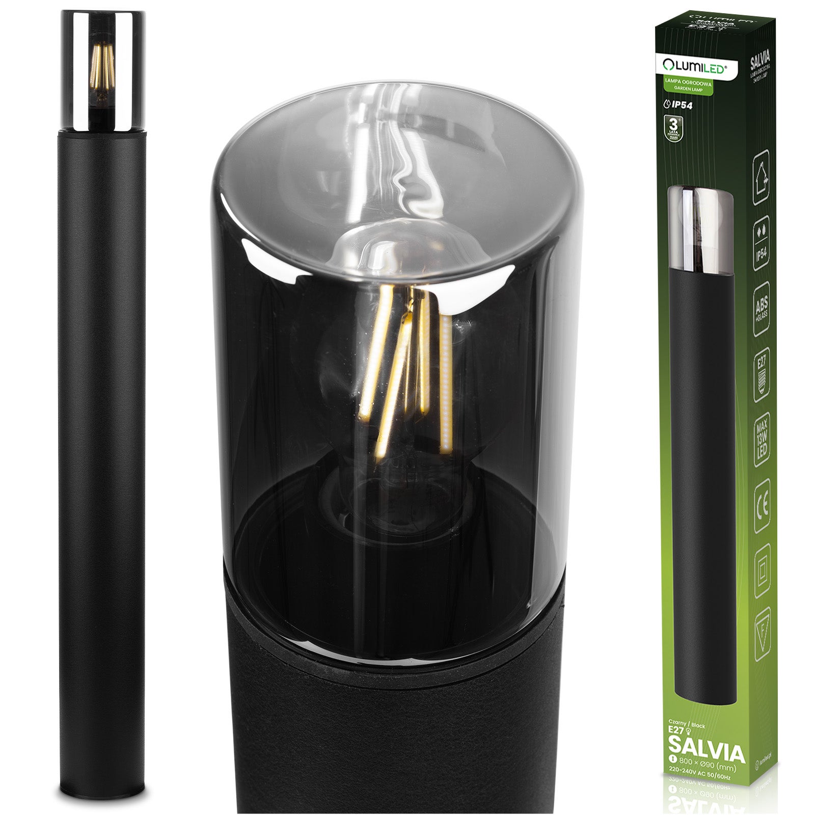 Lampa Ogrodowa Lumiled Stojąca Zewnętrzna Słupek E27 Czarna Szkło IP54 80 cm 1 szt.