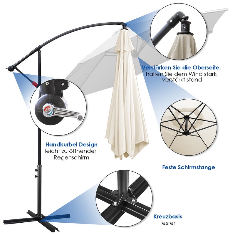 Ø300cm Alu Parasol Parapluie avec manivelle Parasols de balcon UV30+ protection solaire Parasols de jardin pour patio balcon, Beige - 4