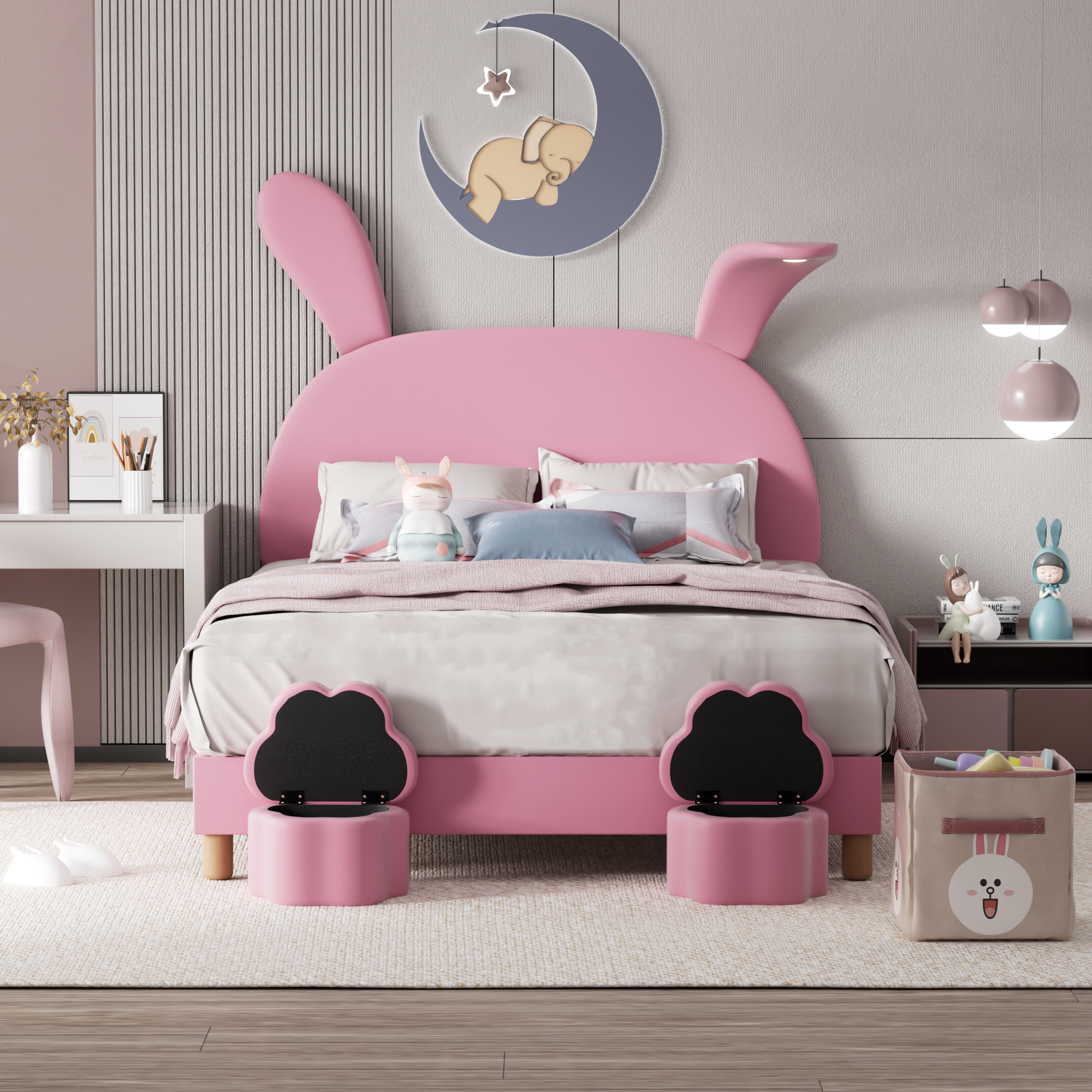 Lit coffre 140x200 cm Lit capitonné Lit enfant en oreilles de lapin avec bandes lumineuses, 2 tabourets de rangement, velours, rose | Leroy Merlin