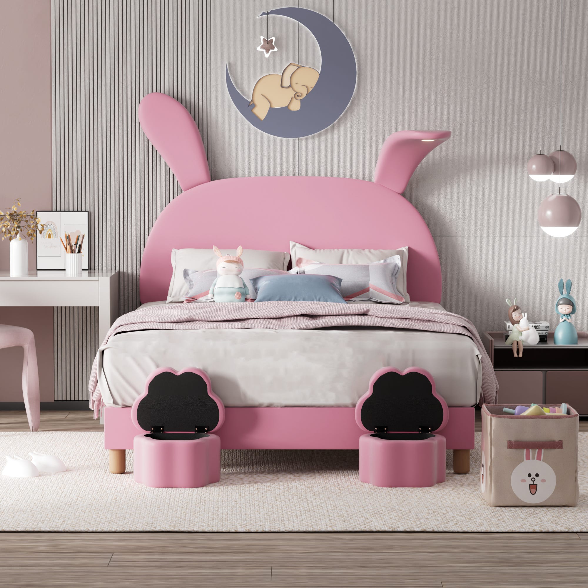 Lit coffre 140x200 cm Lit capitonné Lit enfant en oreilles de lapin avec bandes lumineuses, 2 tabourets de rangement, velours, rose | Leroy Merlin Lit coffre 140x200 cm Lit capitonné Lit enfant en oreilles de lapin avec bandes lumineuses, 2 tabourets de rangement, velours, rose | Leroy Merlin