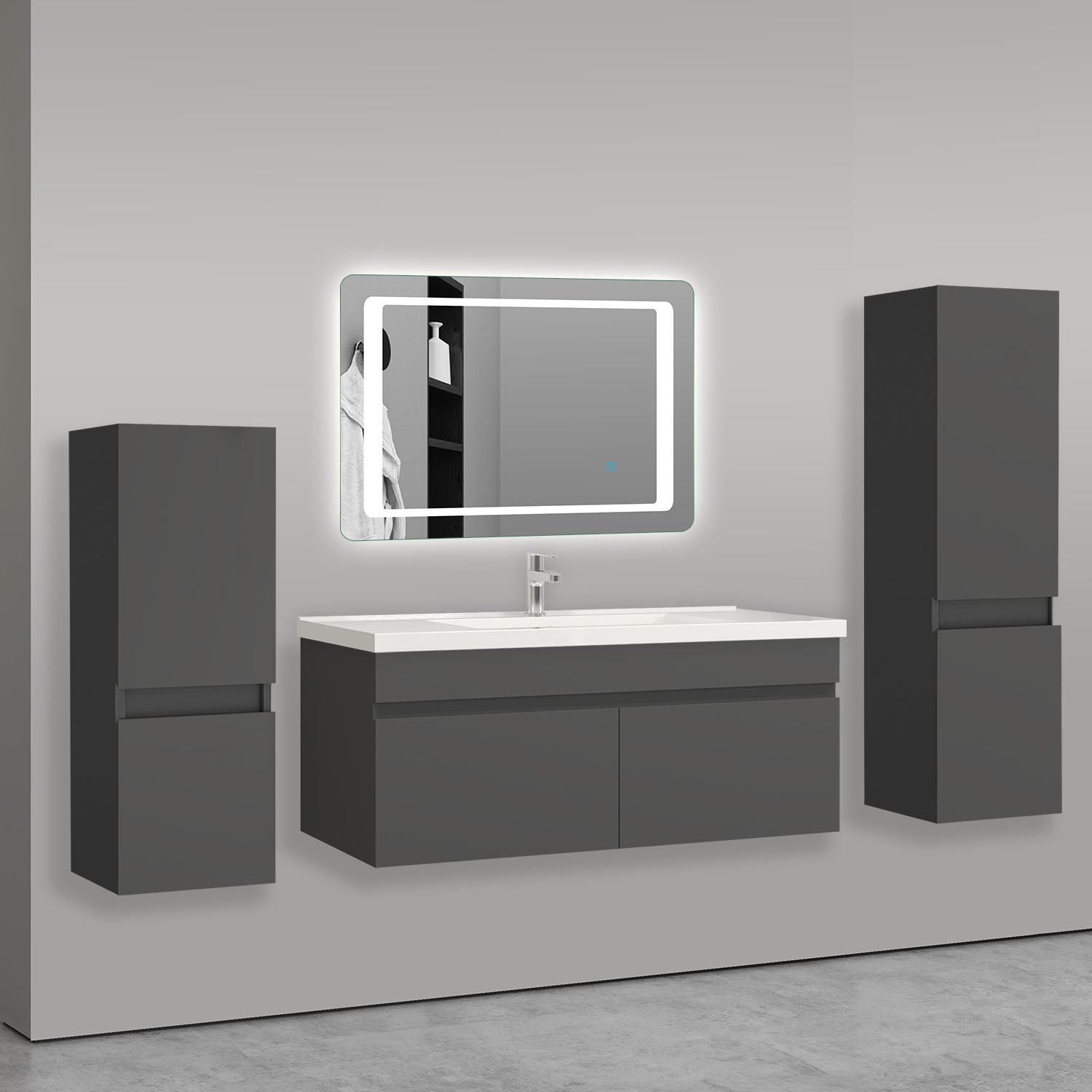 Ensemble Meuble Salle De Bain Vicco Aquis Anthracite - Lavabo + Miroir - Neuf
