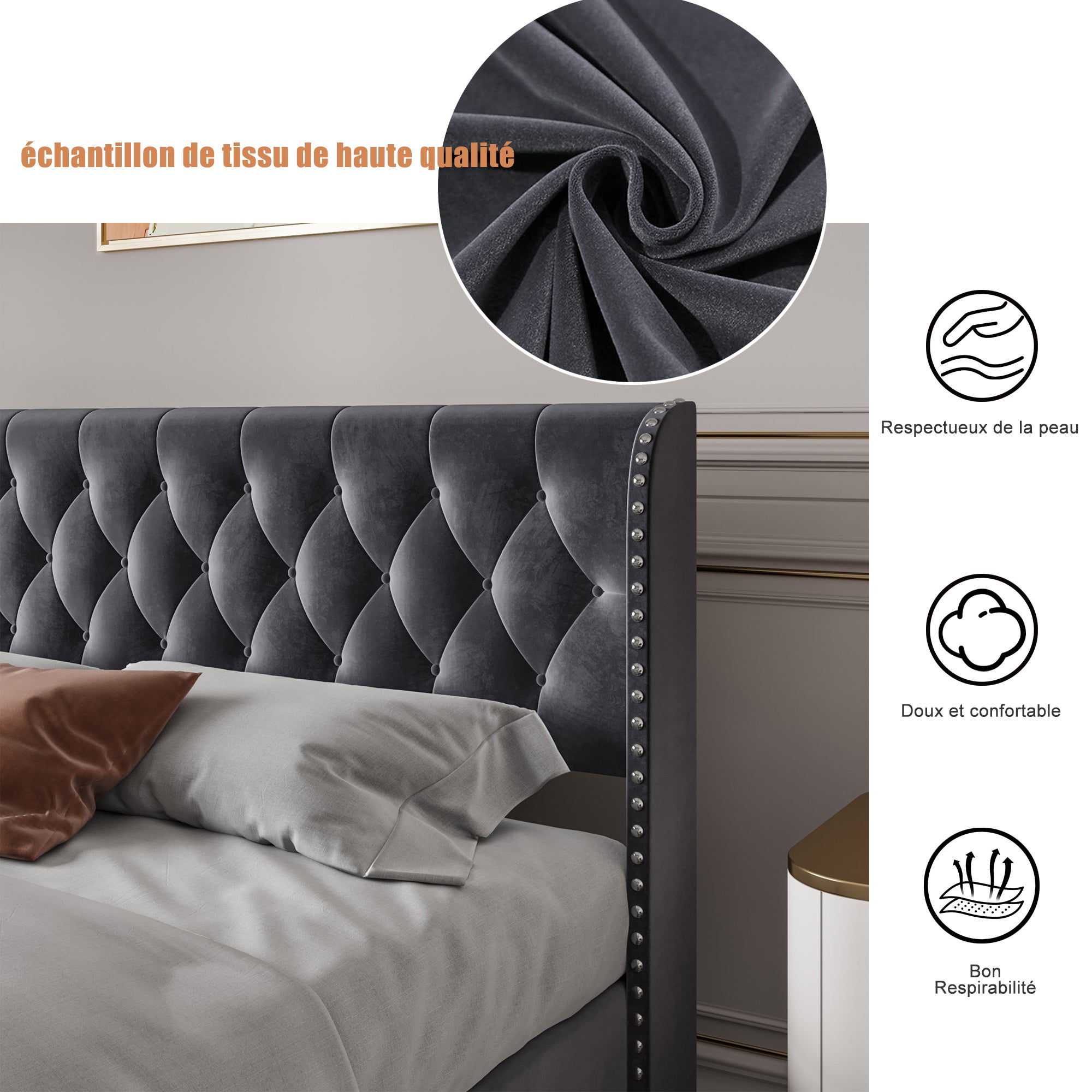 Lit coffre rembourré en velours - décoré de rivets - avec sommier à lattes - 140x200cm - Gris - 3