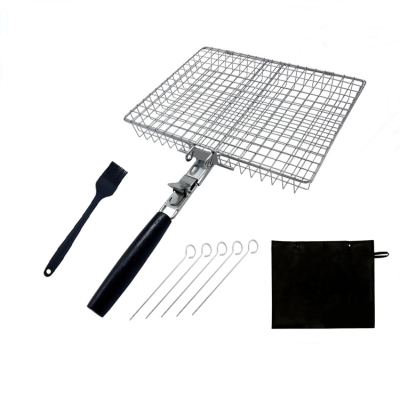 Kosz do grilla o dużej pojemności, zestaw narzędzi do grillowania ze stali (5 szpikulców, silikonowa szczotka, woreczek materiałowy)