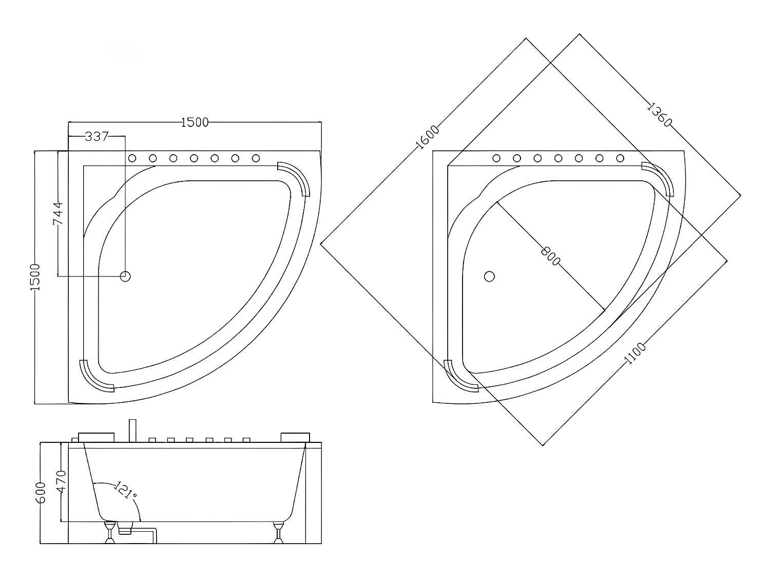 Baignoire balnéo d'angle avec système de cascade AGLENA - 2 places - 350L - 150*150*60 cm - 9