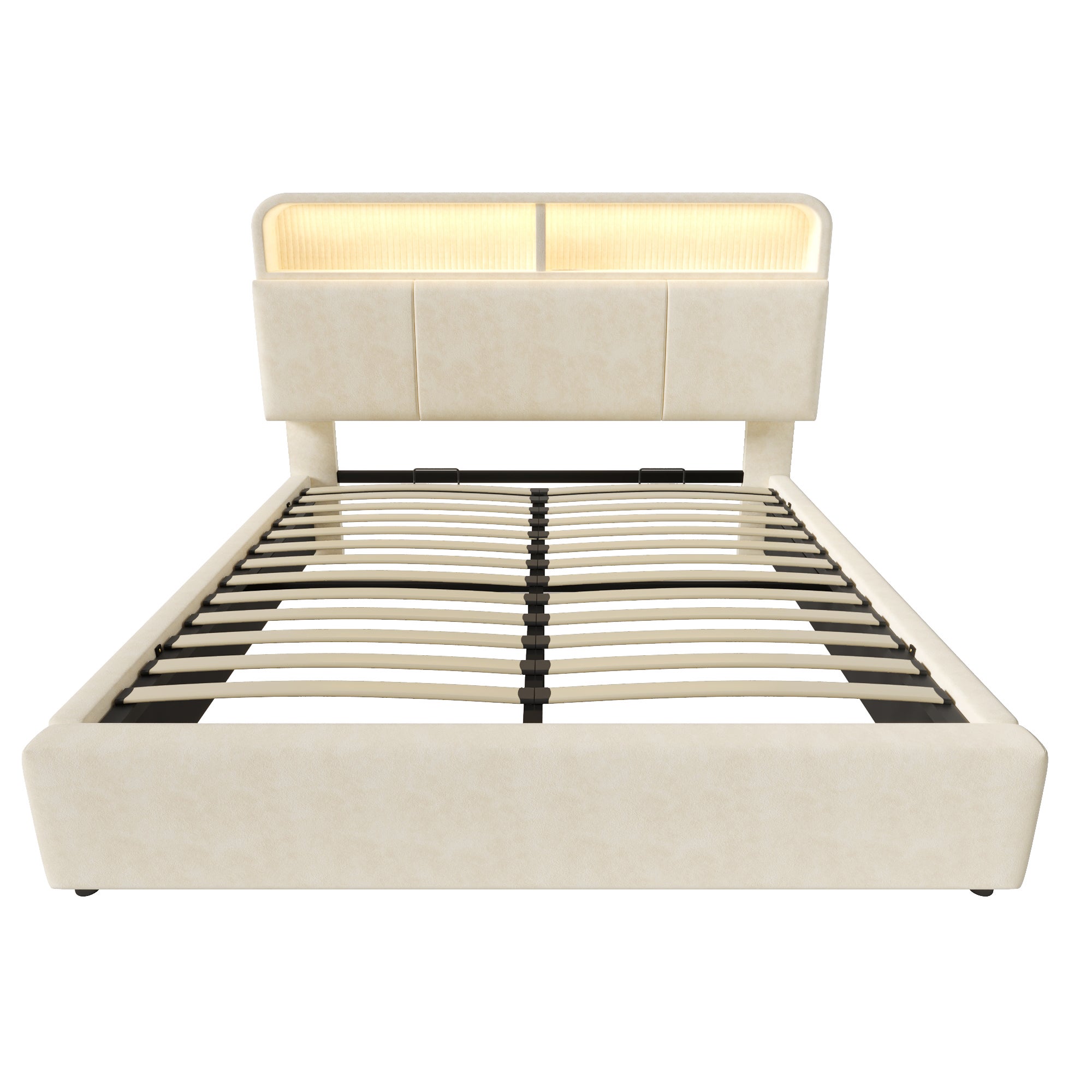 Lit coffre 140 x 190 cm avec tête de lit rangemnt - Velours - LEDs, charge USB/Type-C - Sommier à lattes - Beige (matelas non inclus) - 6