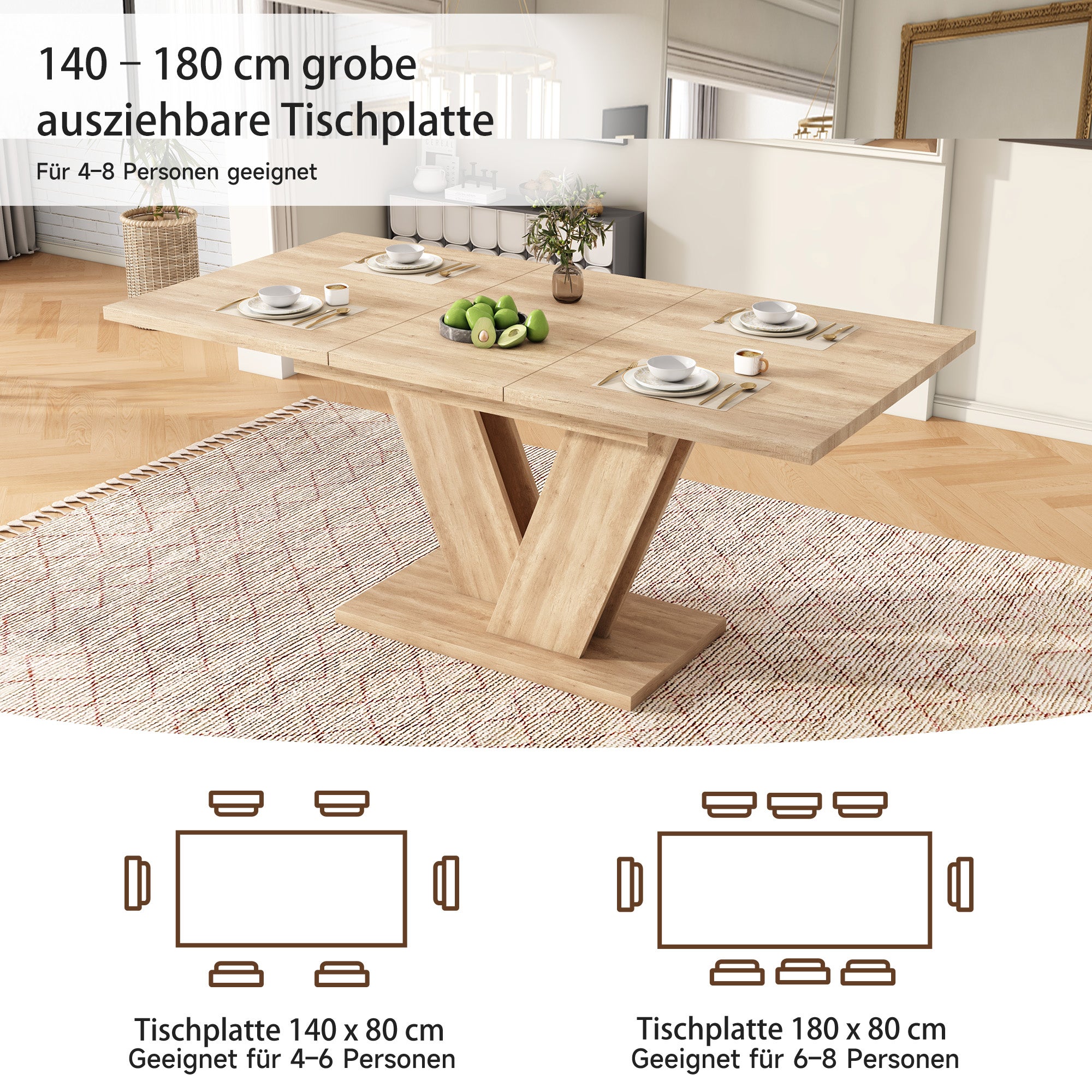 Table à manger extensible 140-180x80 cm pour 4-8 personnes -style minimaliste et Pieds Design en V - design fonctionnel pour salle à manger - Chêne - 5