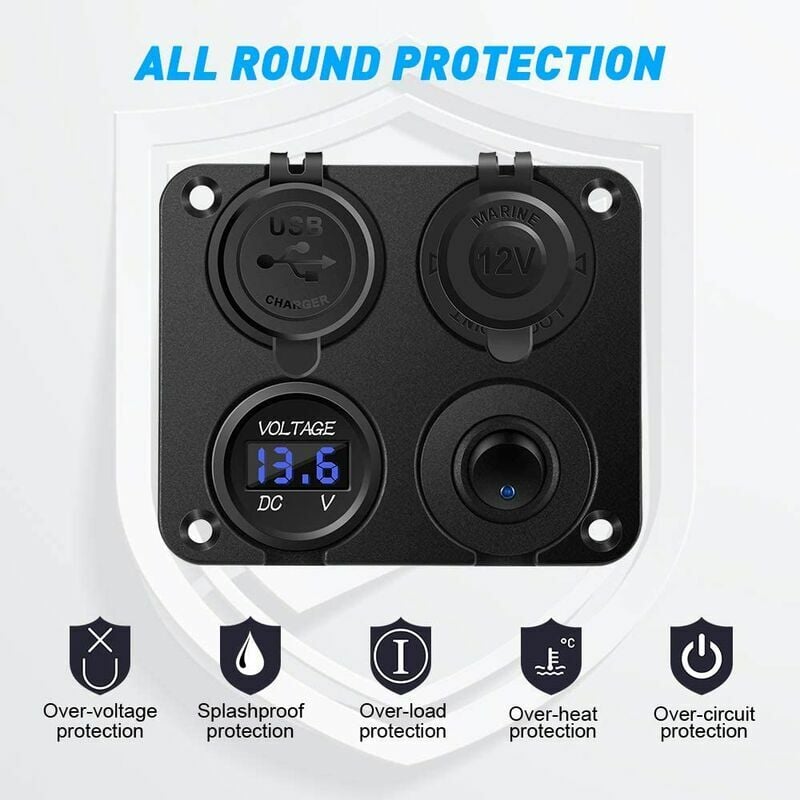 Prise allume-cigare, 4,2 A double ports USB, prise DC 12 V, interrupteur et affichage LED voltmètre étanche chargeur de voiture prise d'alimentation - 4