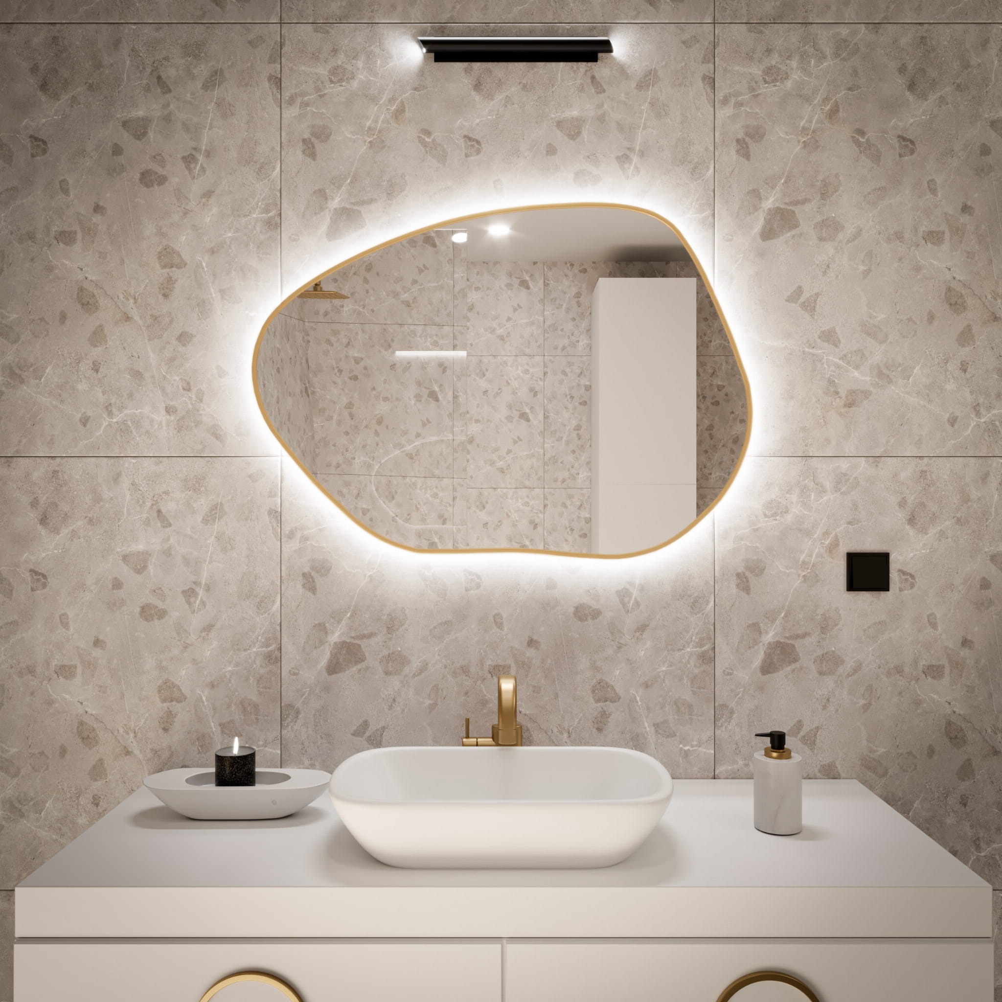 Lustro nieregularne Tiny Border Stain I 70x50 ramka złota barwa światła neutralna+mata