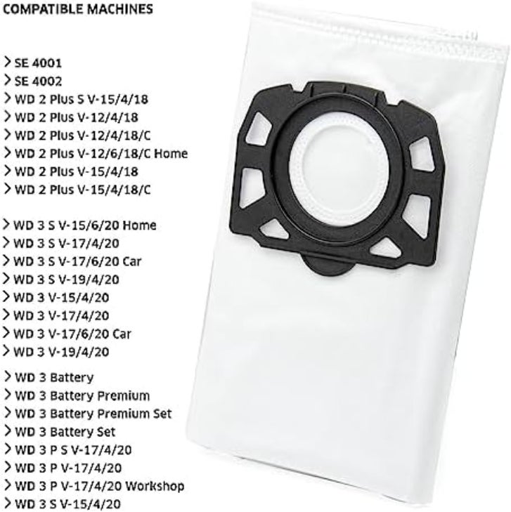 12 sacs d'aspirateur KFI 357 pour Kärcher KWD1, KWD2, KWD3,WD2 Plus, WD3,SE 4001, SE 4002, 2.863-006.0 - 2