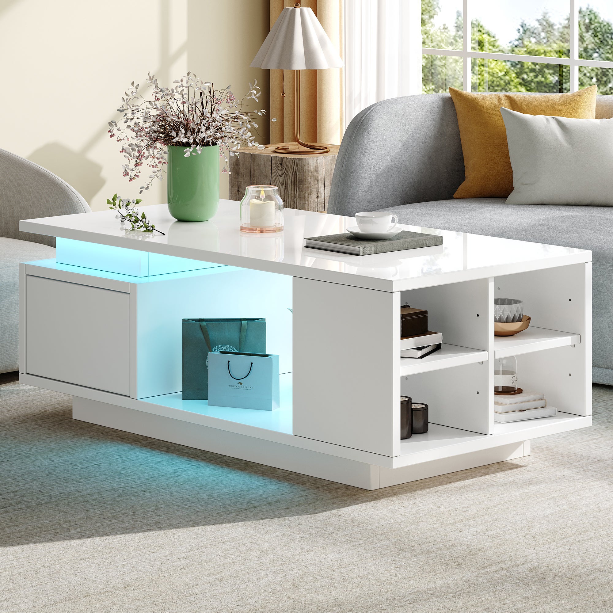 Lakierowany błyszczący stolik kawowy 100x50x36 cm - z oświetleniem LED - z 1 szufladą - z 4 przegródkami do przechowywania - Biały