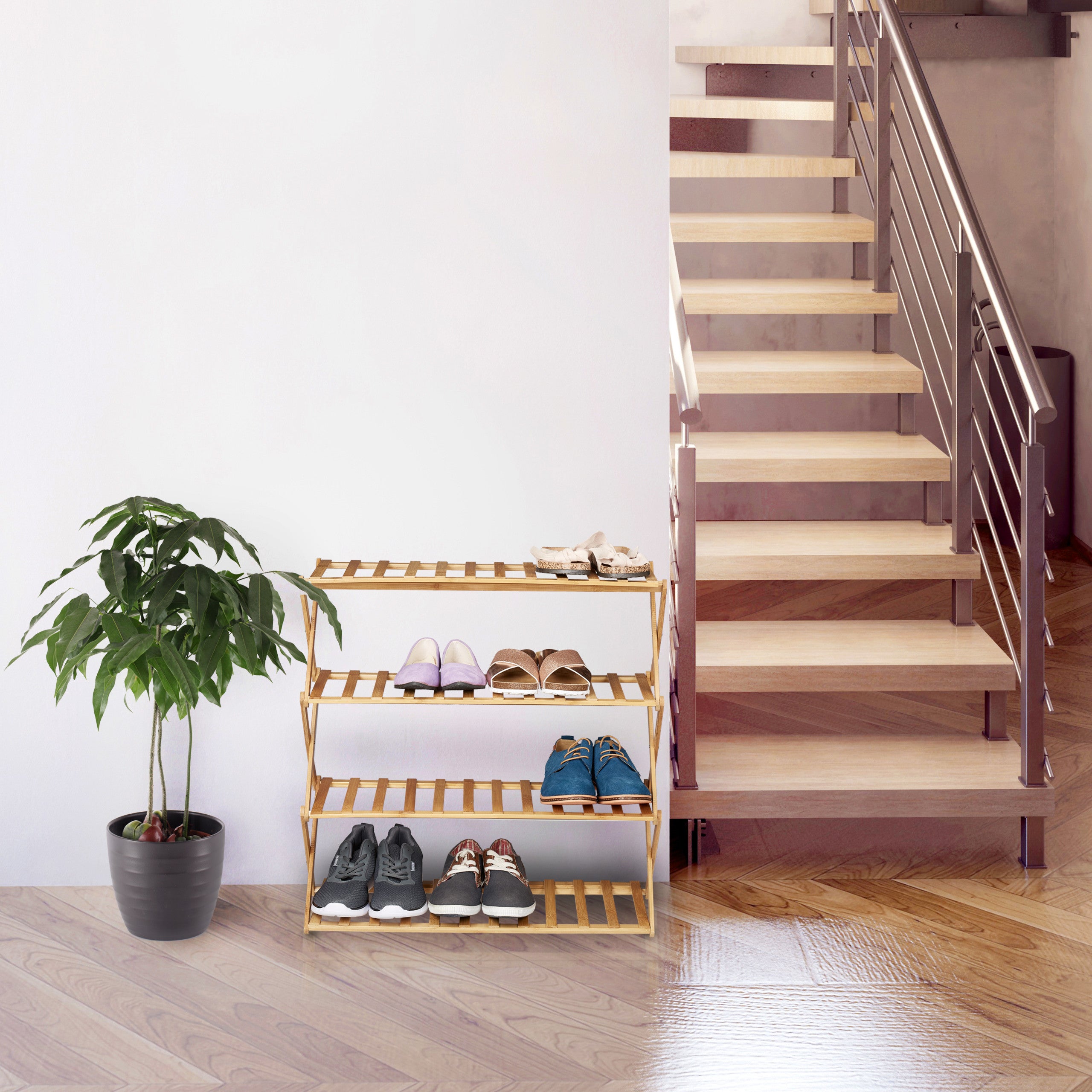 Relaxdays Étagère à Chaussures Pliable En Bambou - 4 Étages Pour 12 Paires - Idéal Maison, Entrée, Camping & Caravane - 68x67x26 Cm Nature
