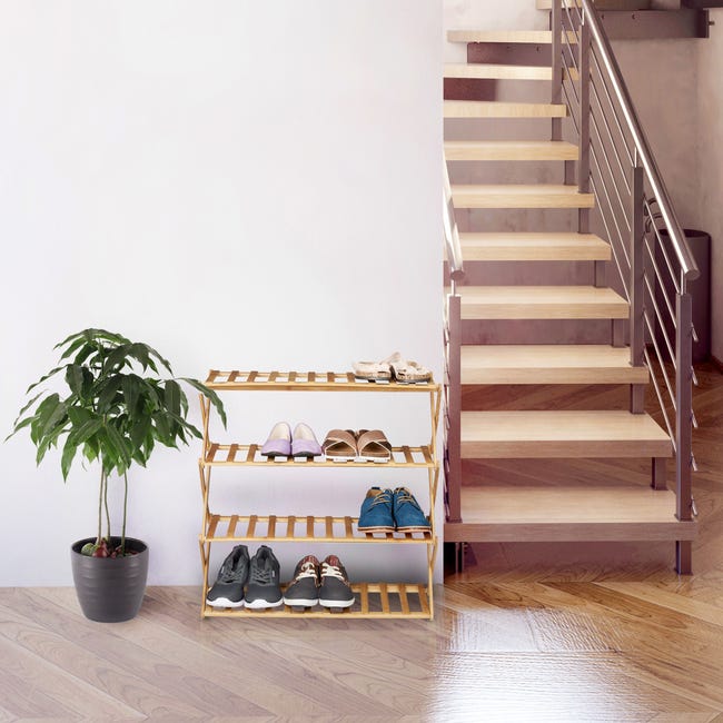 Relaxdays Étagère à Chaussures Pliable En Bambou - 4 Étages Pour 12 Paires - Idéal Maison, Entrée, Camping & Caravane - 68x67x26 Cm Nature