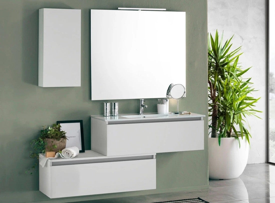 Ensemble meuble de salle de bain 2 tiroirs 1 armoire laqué blanc mat et