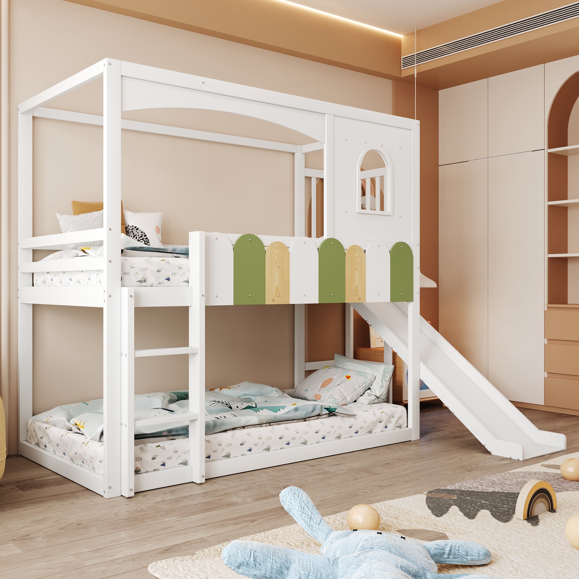 Łóżka piętrowe 2 x 90 x 200 cm ze zjeżdżalnią, barierkami i oknem - sosna + sklejka + płyta MDF - białe (materace nie są wliczone w cenę) - 2