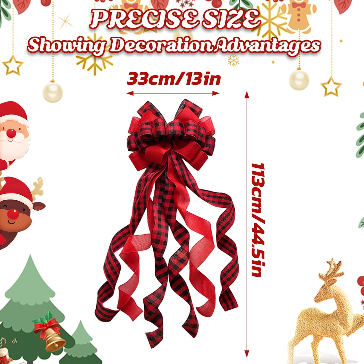 Fiocco di Natale rosso da 113 cm, fiocco regalo grande, fiocco per albero di Natale, fiocco di Natale grande a scacchi rossi e neri per alberi di Nata - 4