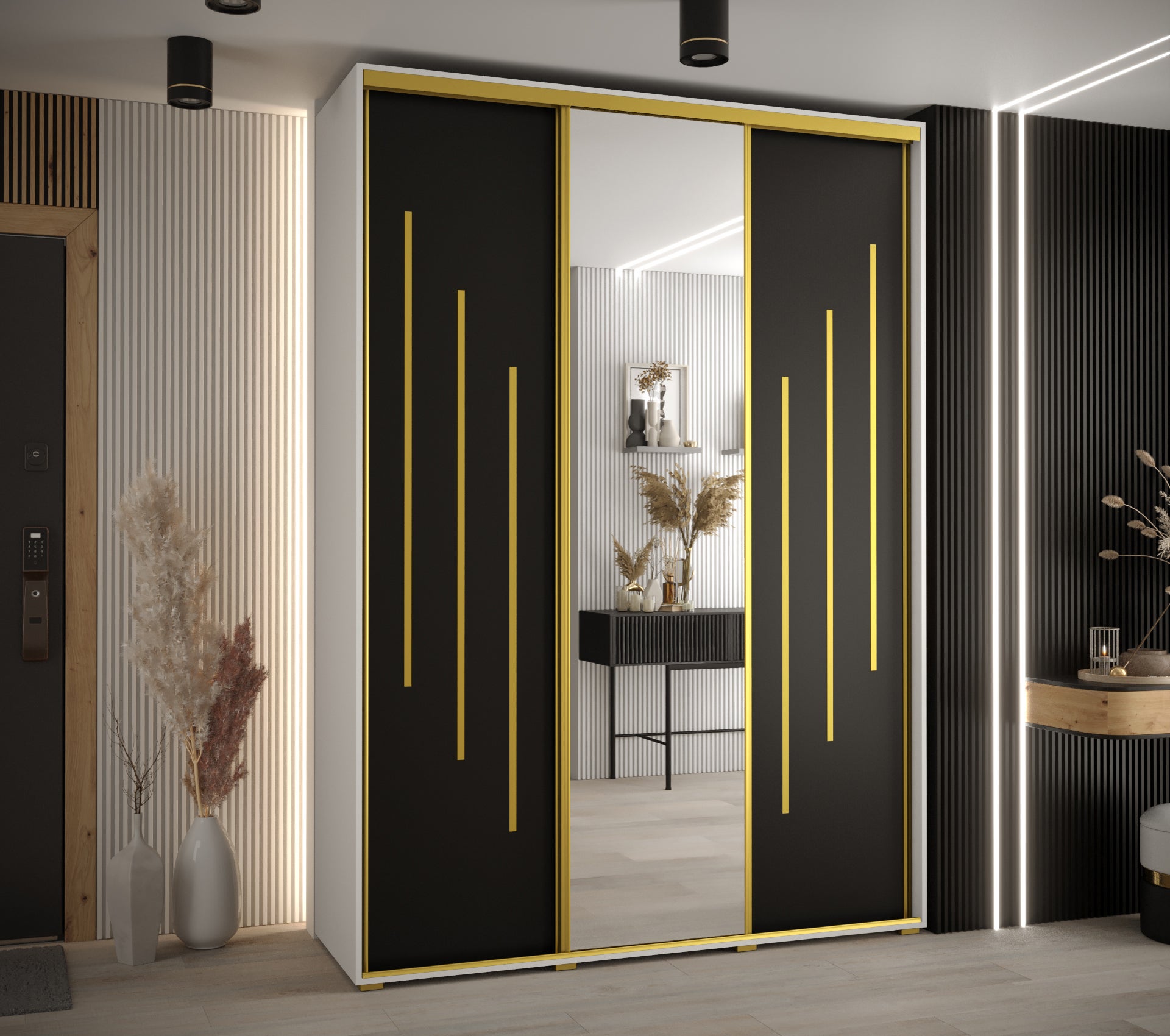 Szafa przesuwna z lustrem wysoka Davos 9 170 x 60 x 235,2 cm biały + czarny + u. złoty - Abiks Meble - 2
