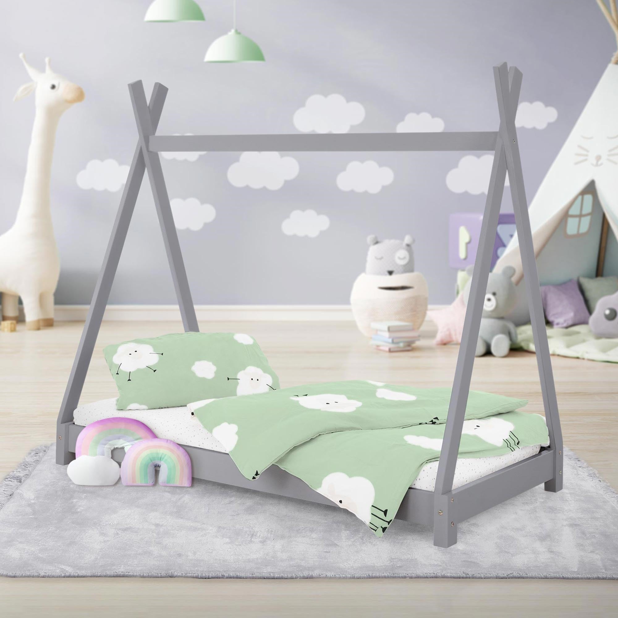 ML-Design łóżko tipi 70x140 cm jasnoszare z ramą listwową w stylu indianskim wykonane z drewna sosnowego dla chłopców i dziewczynek łóżko młodzieżowe