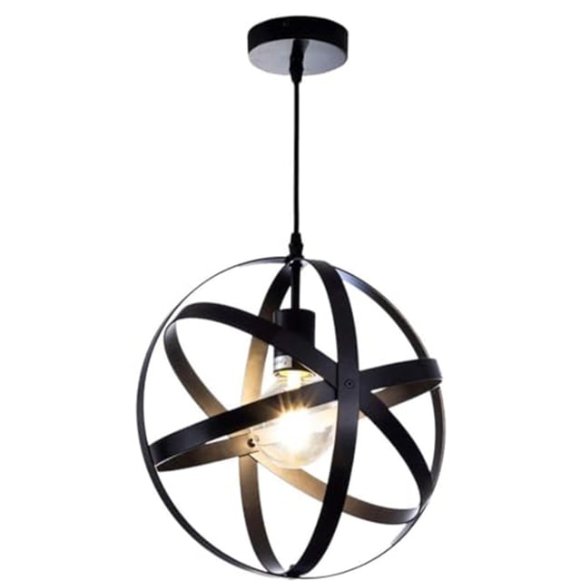 GLAMARIS Lustre Boule Métallique Moderne en Fer Noir, Design à 4 Cercles, Support E27 (Ampoule Non Incluse), Éclairage Salon/Chambre, 30x30 CM