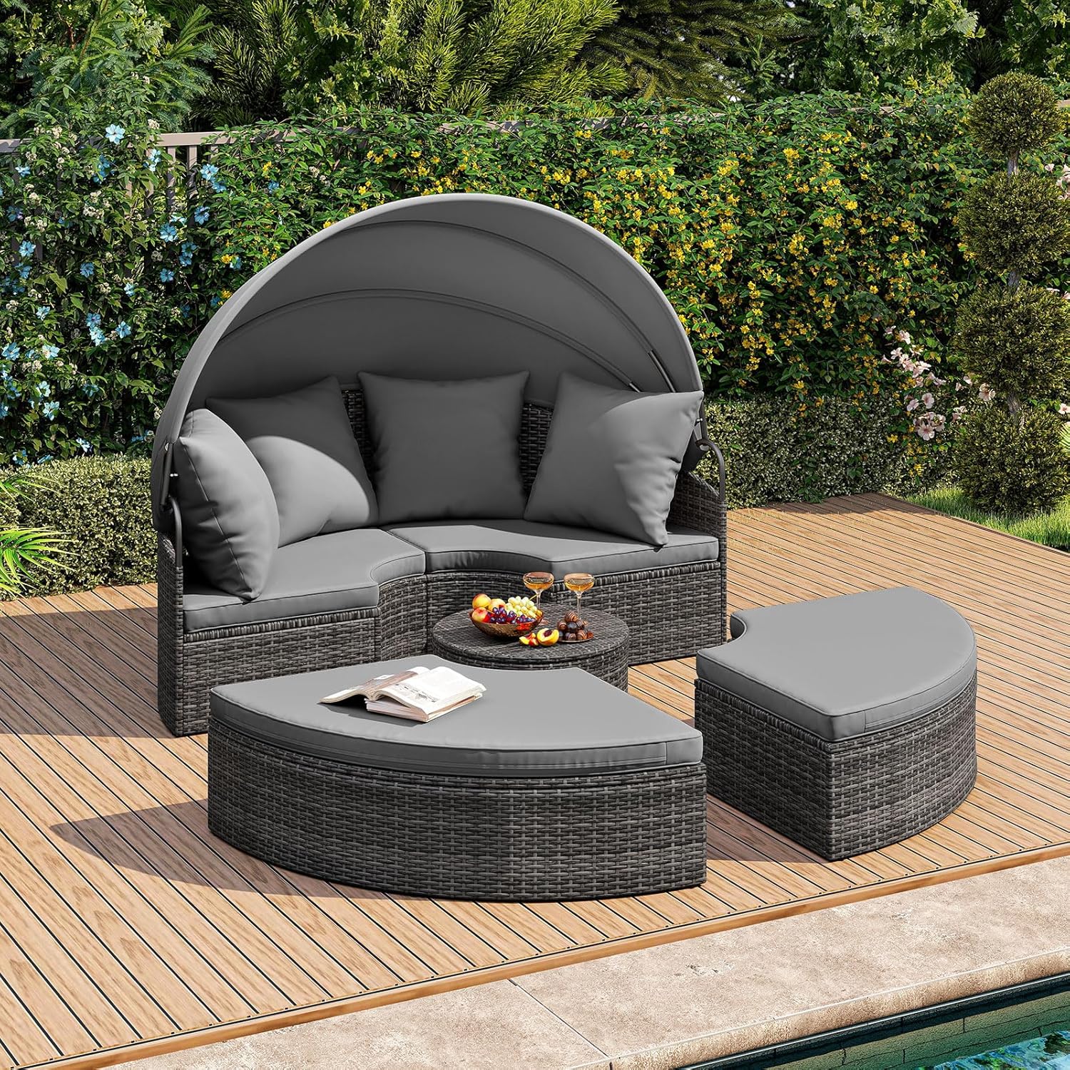 Lit Rond d'Extérieur avec Auvent Rétractable, Canapé d'Extérieur en Sections en Rotin PE avec Coussins, pour Jardin, Piscine, Gris - 9