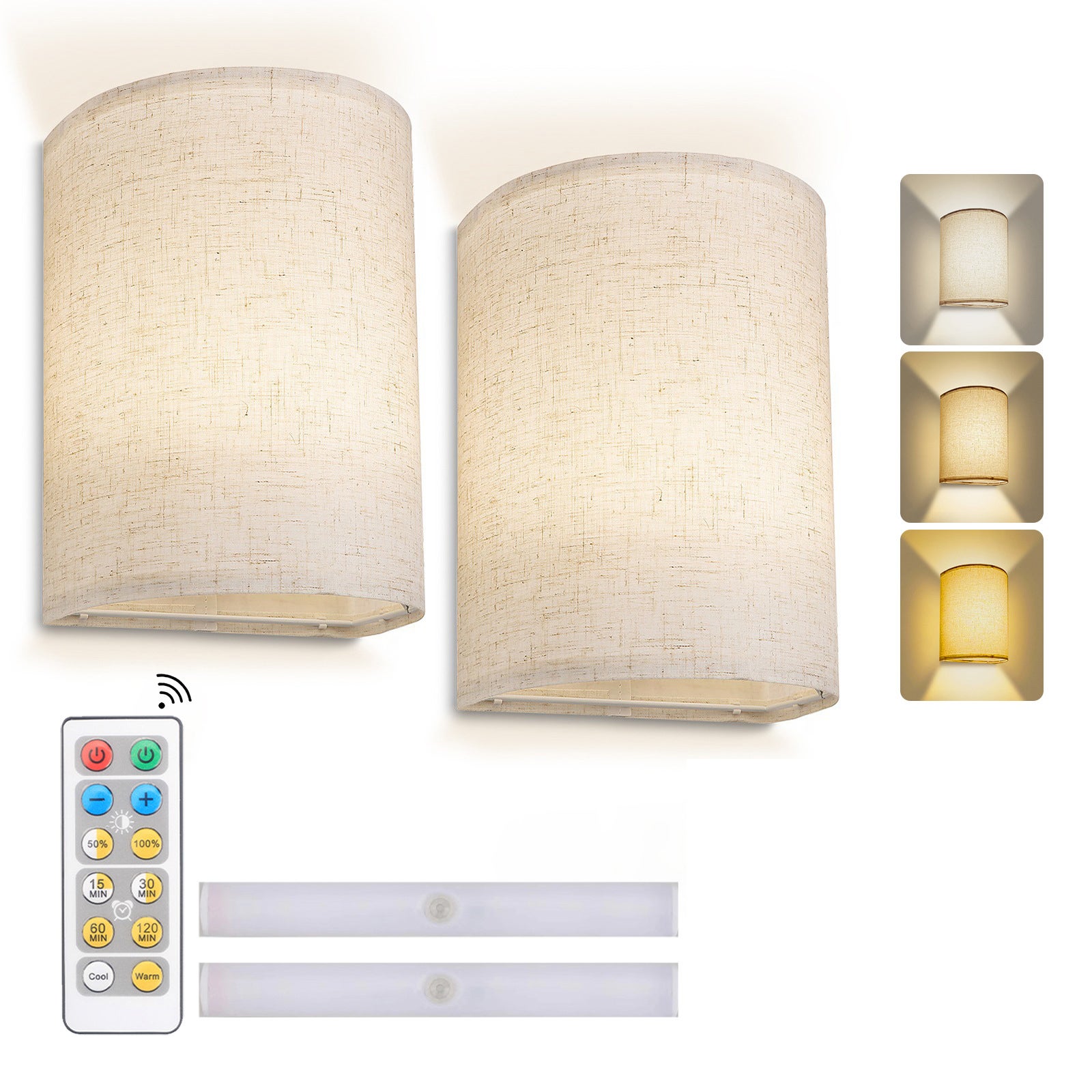 Zestaw 2 lamp ściennych na baterie z pilotem, okrągły pokrowiec z tkaniny, dekoracja sypialni, trójkolorowe oświetlenie LED
