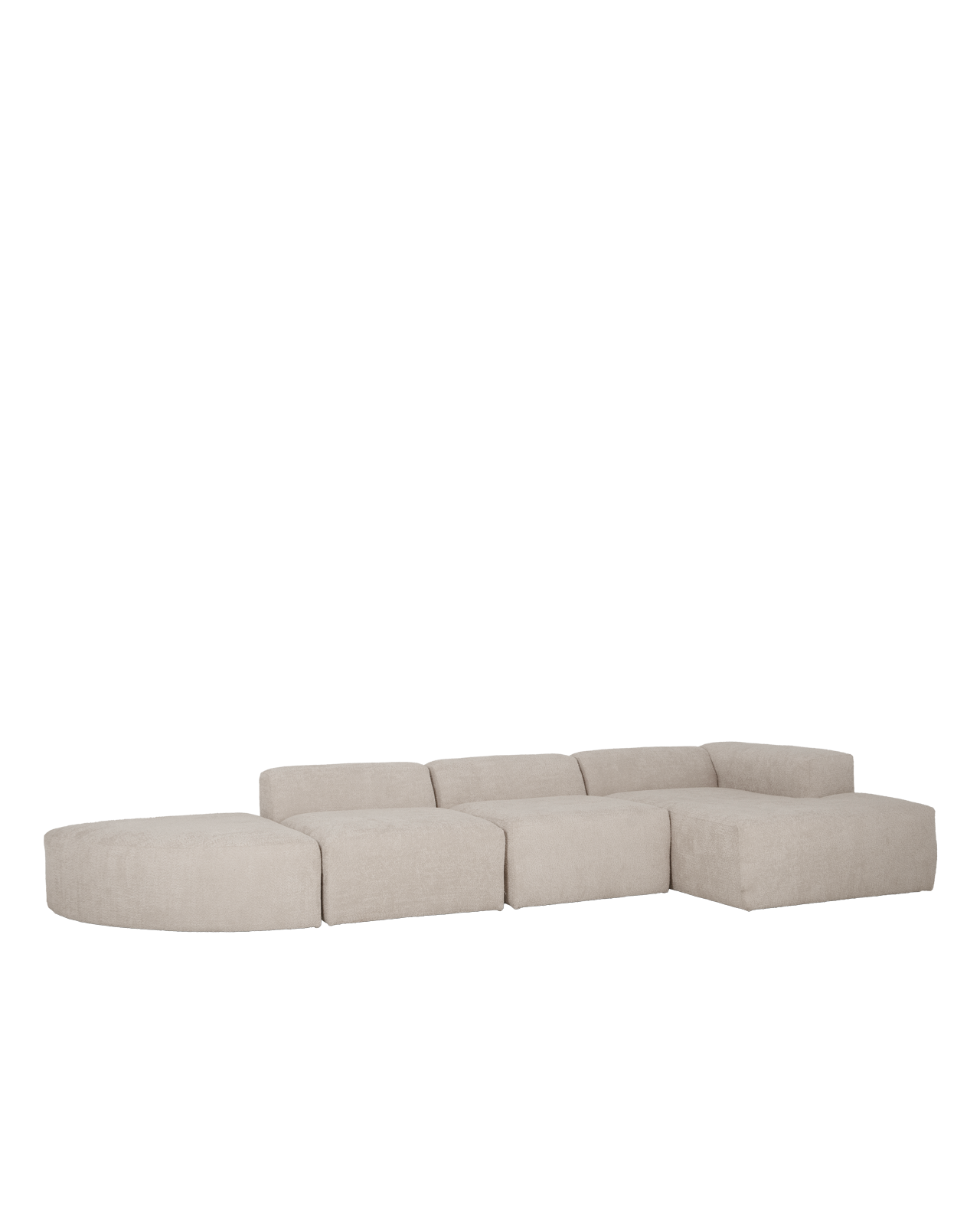 Sofá de 4 módulos curvo con chaise longue derecho bouclé gris claro 410x70x172cm