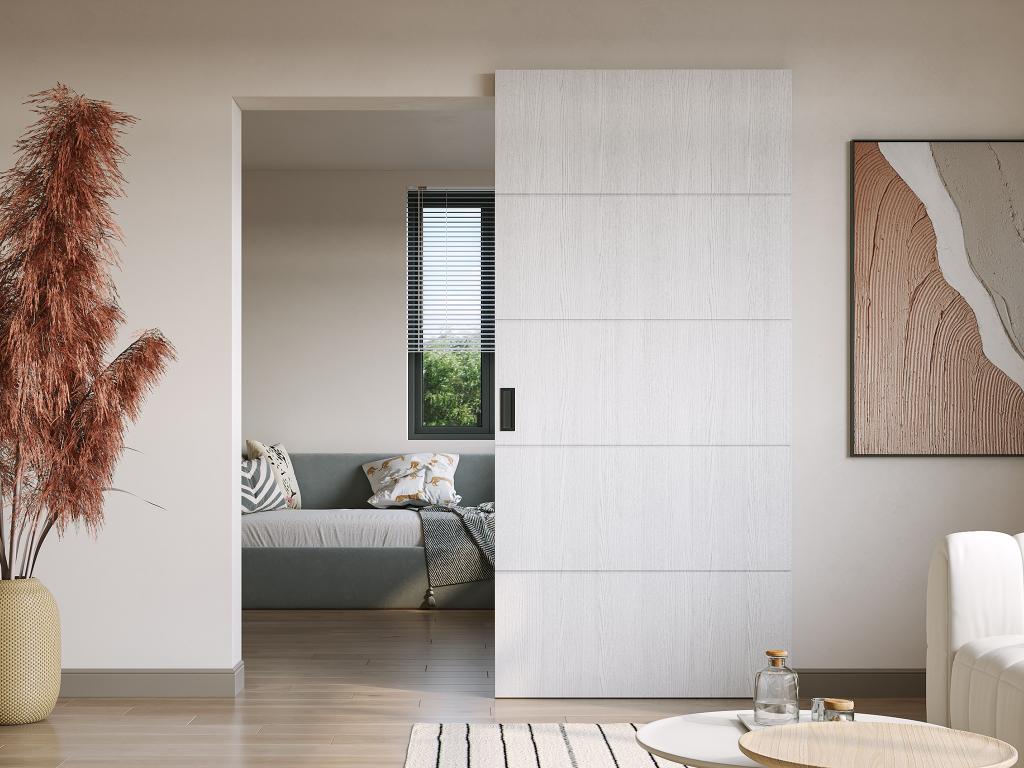 Porte coulissante en bois et MDF avec rail invisible - Blanc - 83 x 210