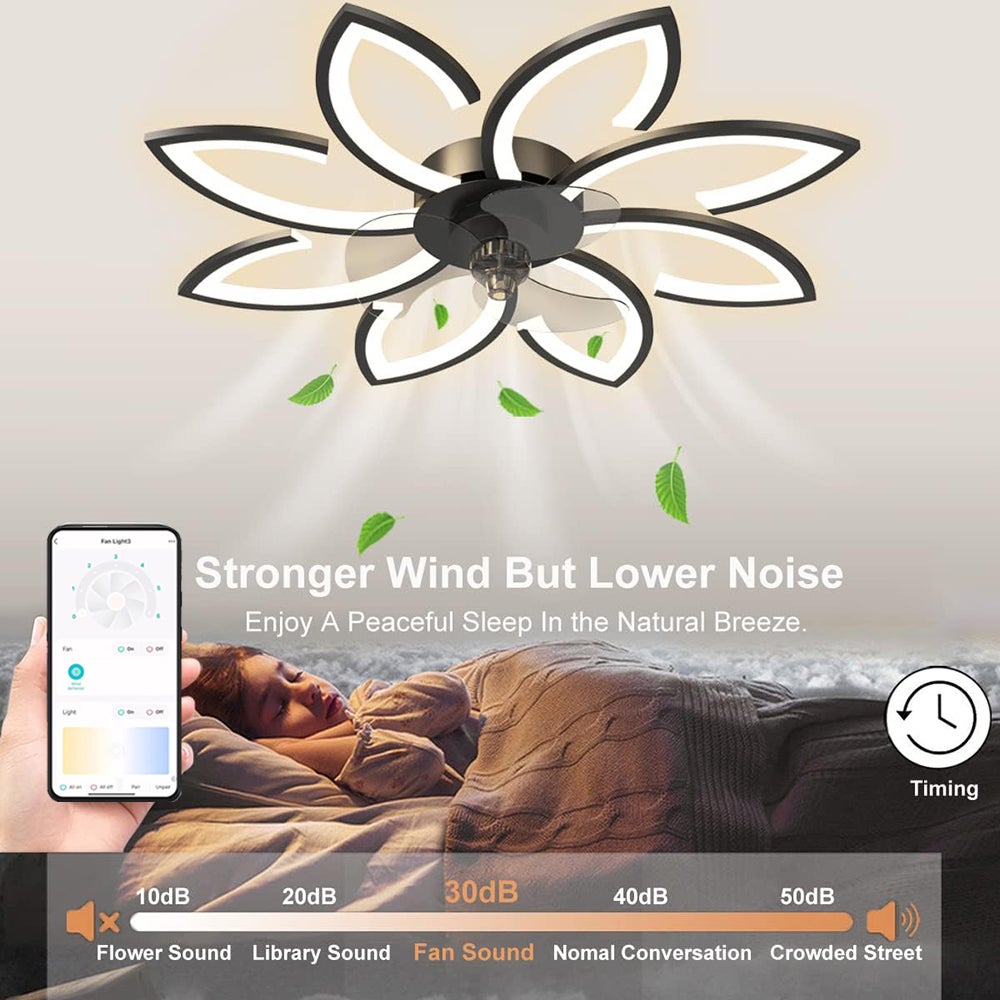 Ventilateur de plafond avec lumières, plafonnier LED à intensité variable 3 couleurs, télécommande et application, 6 vitesses, minuterie, 90 cm - 7