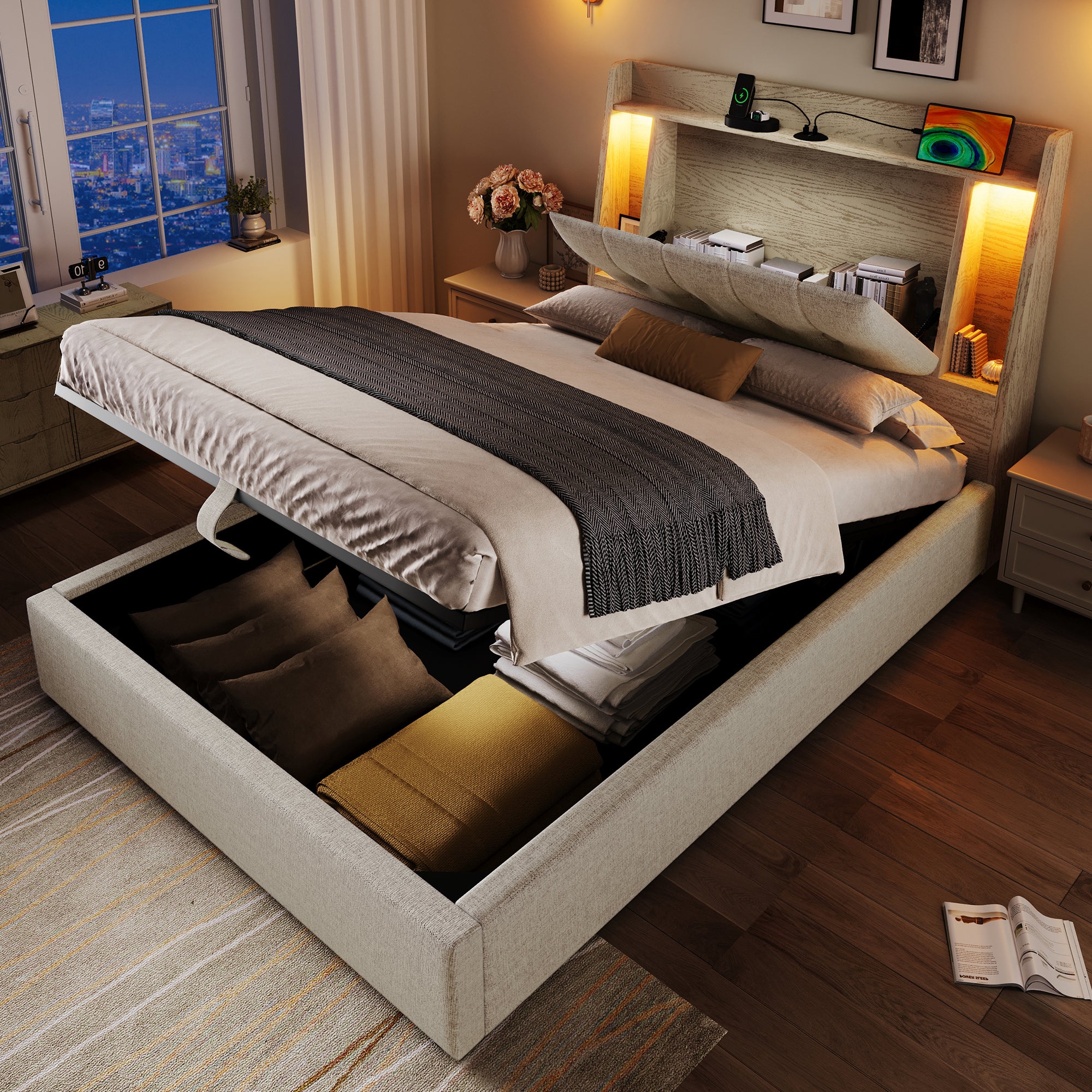 Bett Polsterowane 90x200 cm z USB-C, bez materaca, Beżowy, LED, Lino