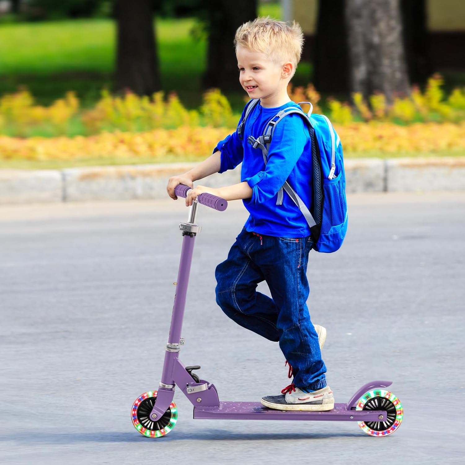 GOPLUS Trottinette Enfants Pliable 2 Roues Lumineuses LED - Guidon Réglable 3 Hauteurs Jusqu'à 50kg