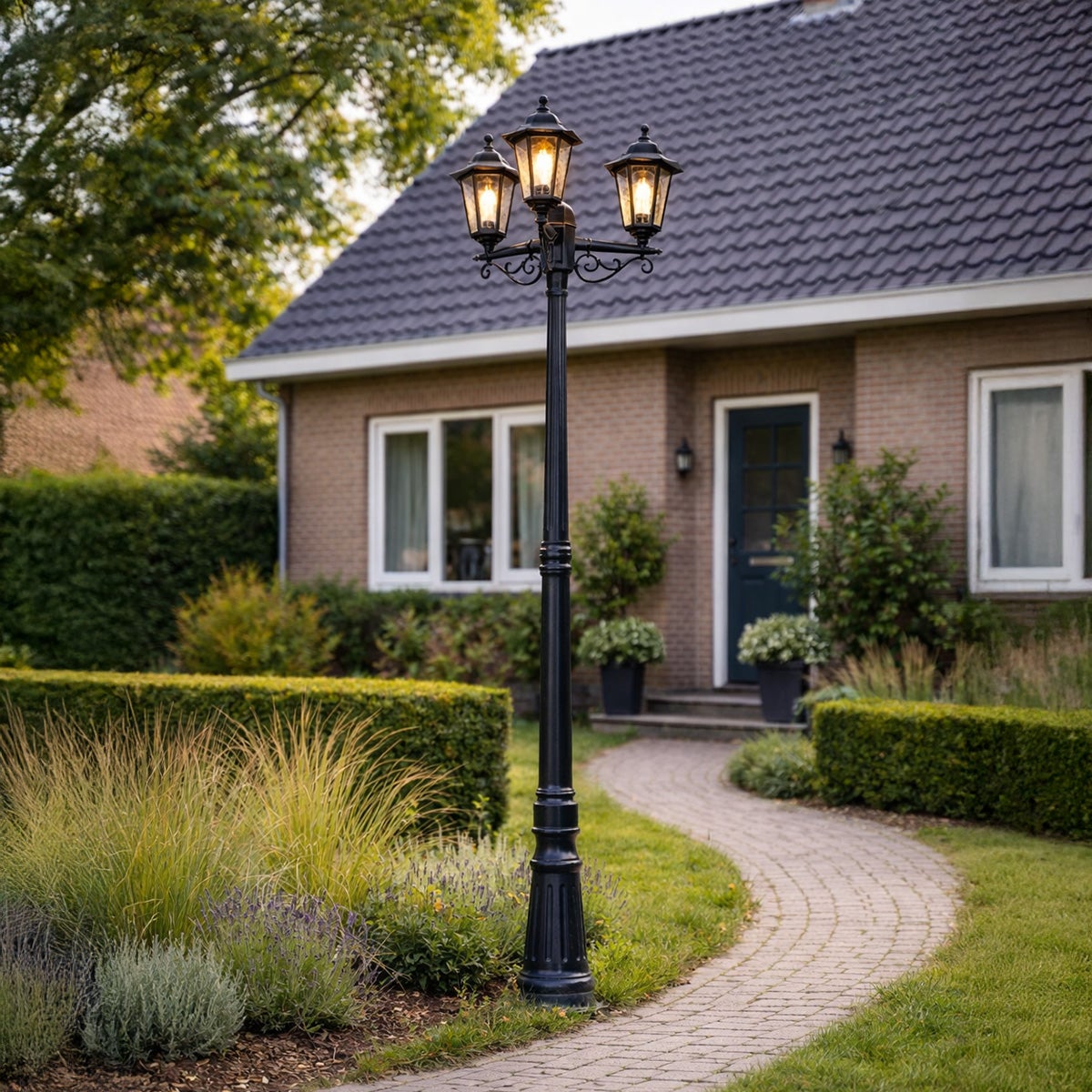 Qazqa classic-antique lanterne extérieure pour jardin - New Haven Hammered - noir, max. 15w, e27, 218cm, IP44, rond, à 3 - 2