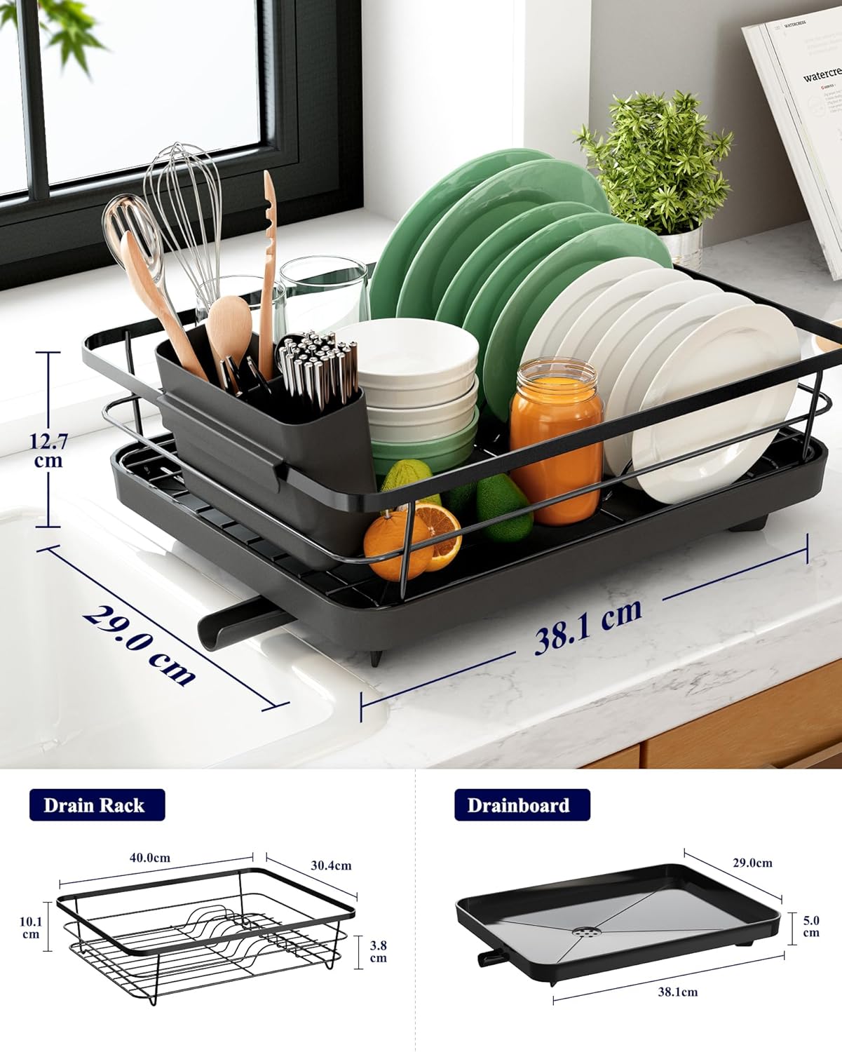 Egouttoir Vaisselle Cuisine - Egoutoire Compact et Gain de Place, Seche Vaisselle en Acier Inoxydable avec Porte-Couverts,29,0 x 38,1 x 12,7 cm - 4